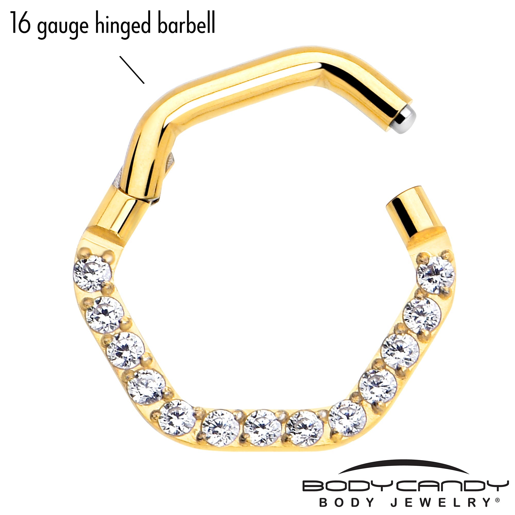 16G 5/16 Clear CZ Gem Gold Tone Hexagon Shape Hinged Segment Ring