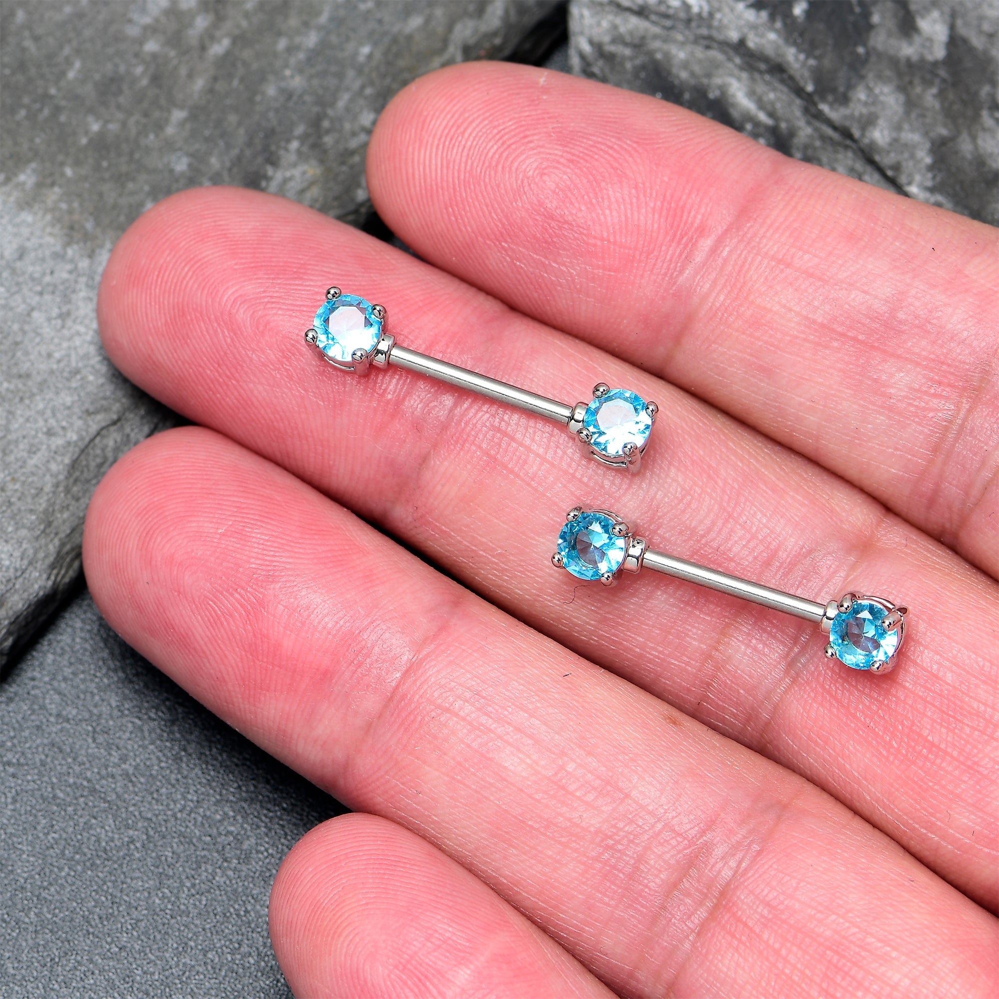 14G 9/16 Blue CZ Gem Love Forward Facing Barbell Nipple Ring Set