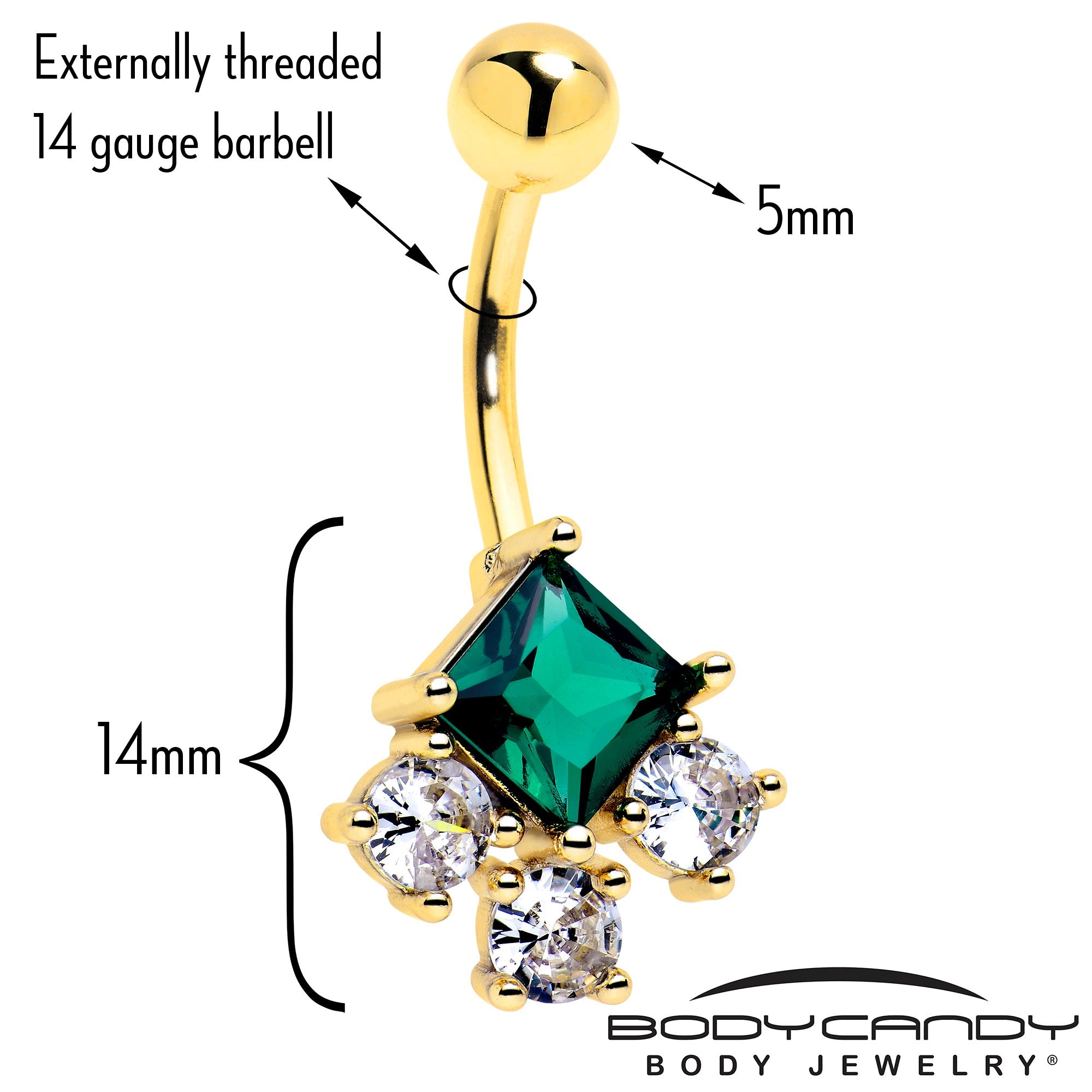 Green Clear CZ Gem Gold Tone Rhombus Riot Belly Ring