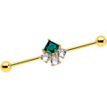 14G Green CZ Gem Gold Tone Rhombus Riot Industrial Barbell 38mm
