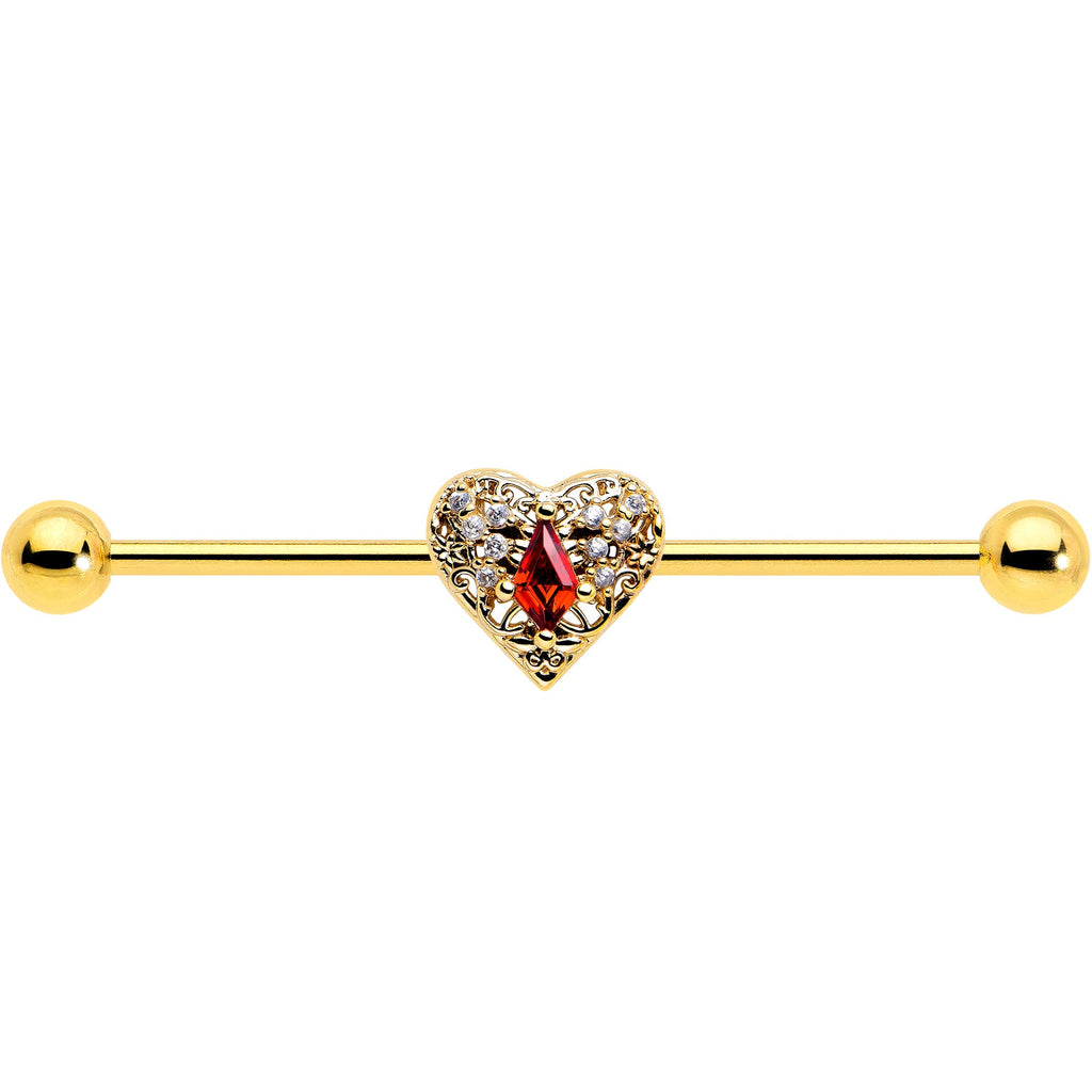 14G Red CZ Gem Gold Tone Heart Queen Industrial Barbell 38mm