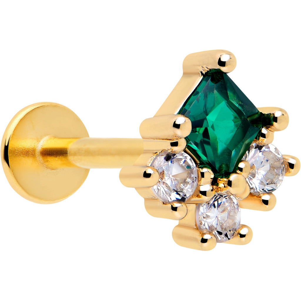 16G 5/16 Green CZ Gem Gold Tone Rhombus Riot Flatback Stud