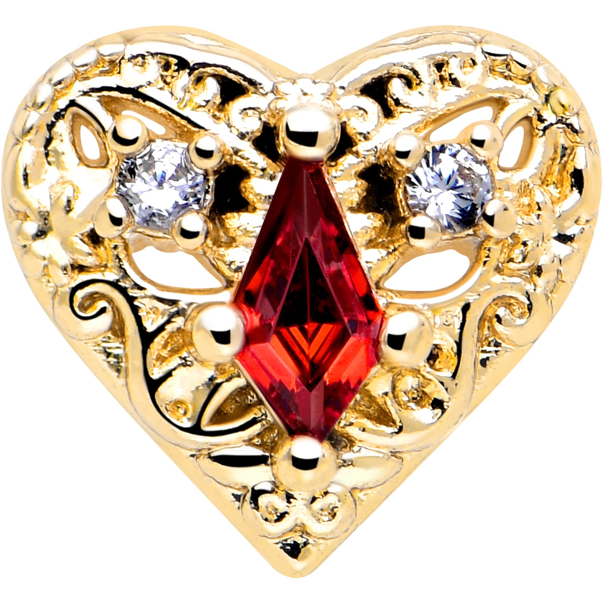 20G 7mm Red CZ Gem Gold Tone Heart Queen L Shape Nose Ring