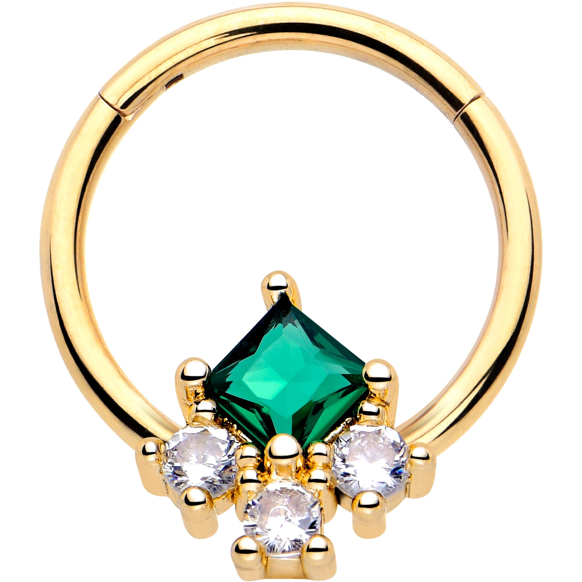 16G 3/8 Green CZ Gem Gold Tone Rhombus Riot Hinged Segment Ring