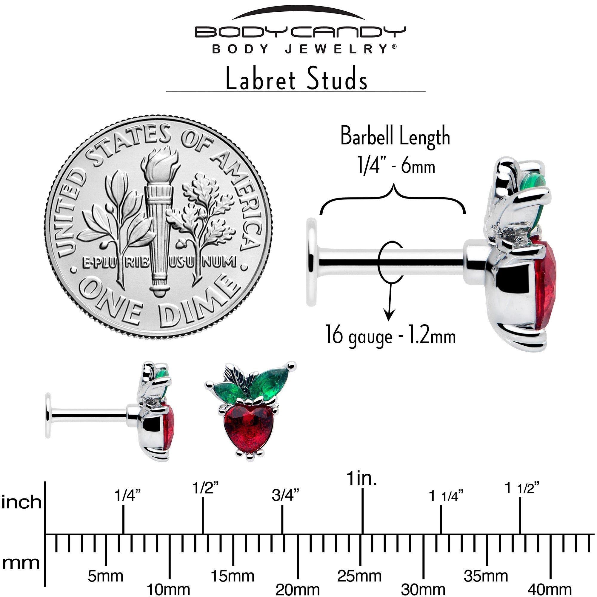 16G 1/4 Red Green Gem Strawberry Heart Labret