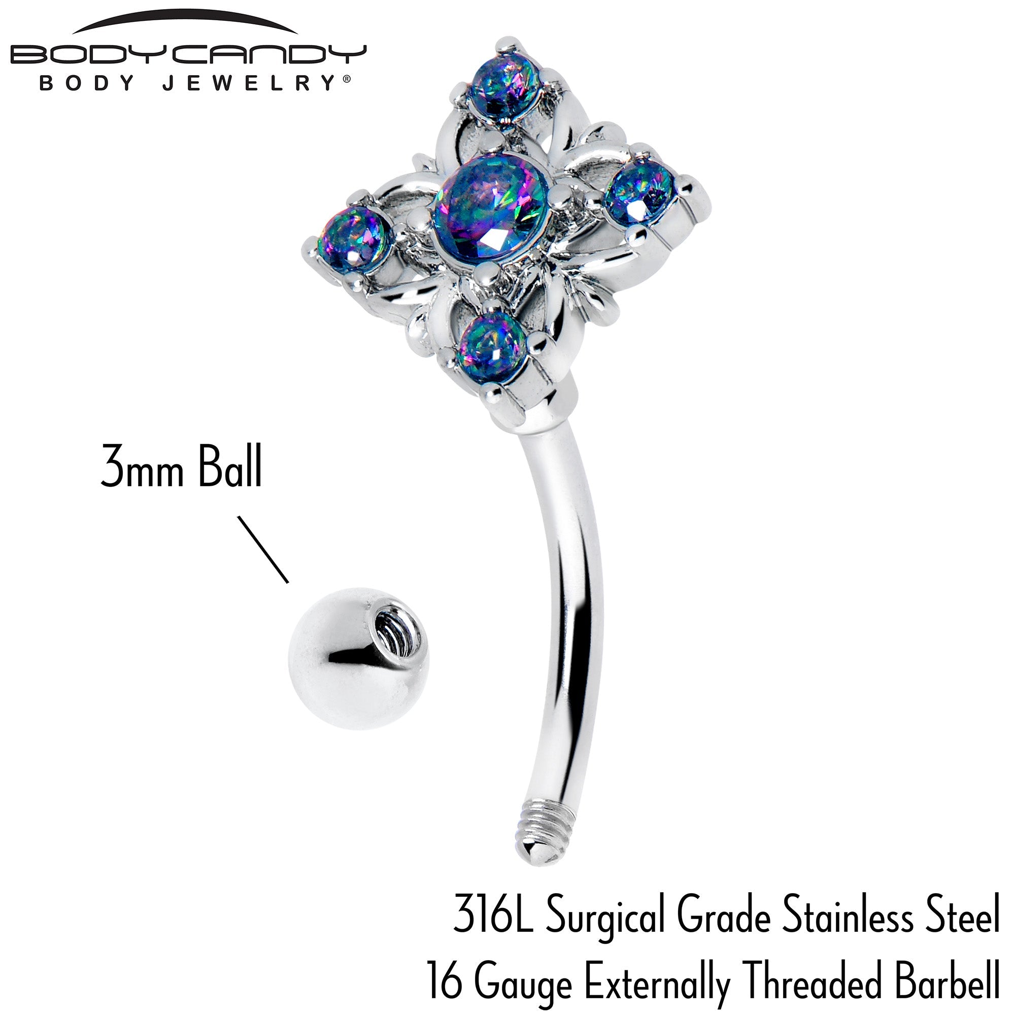 16G 5/16 Vitrail CZ Gem Beauty Cross Curved Eyebrow Ring