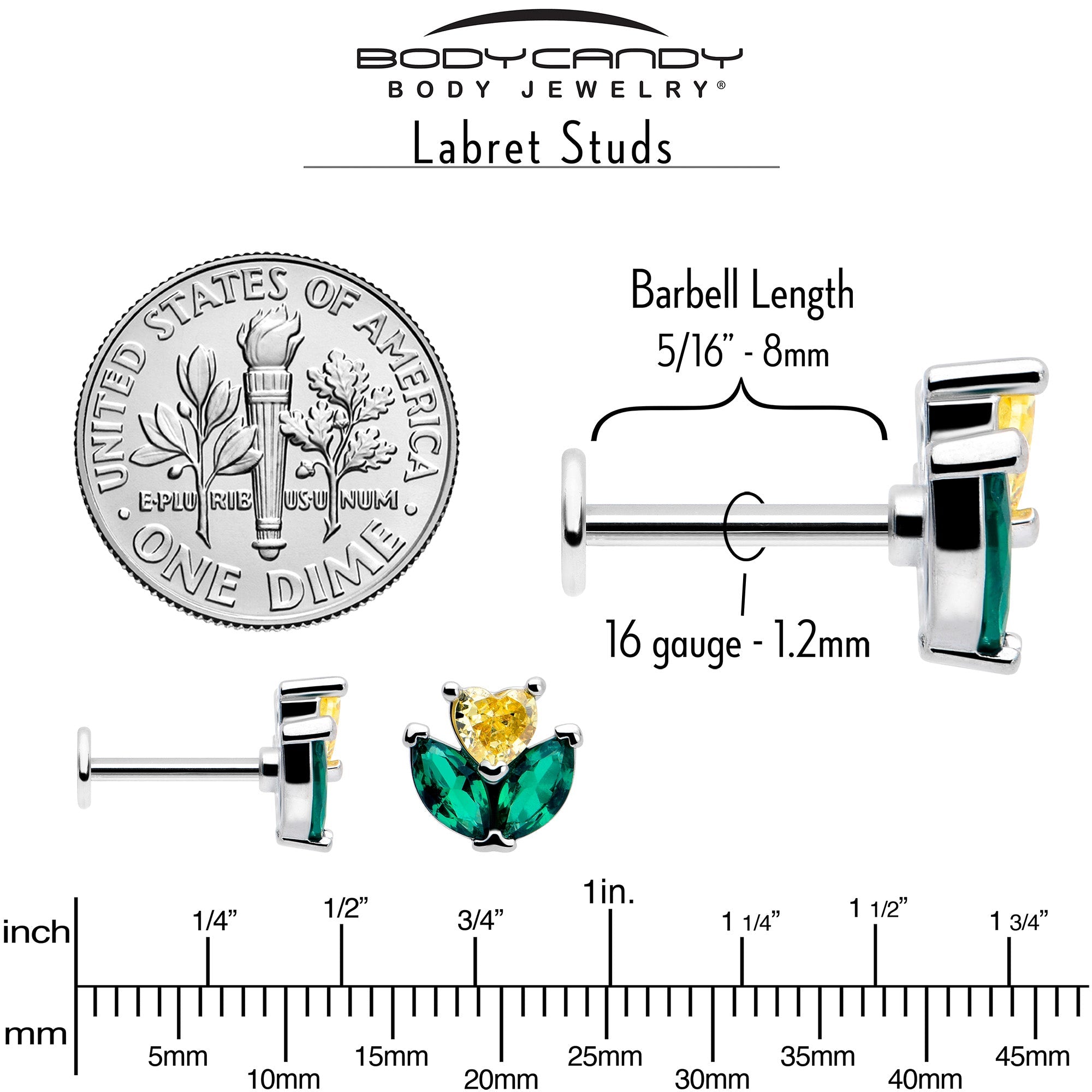 16G 5/16 Yellow Green CZ Gem Love Flower Labret Monroe Tragus