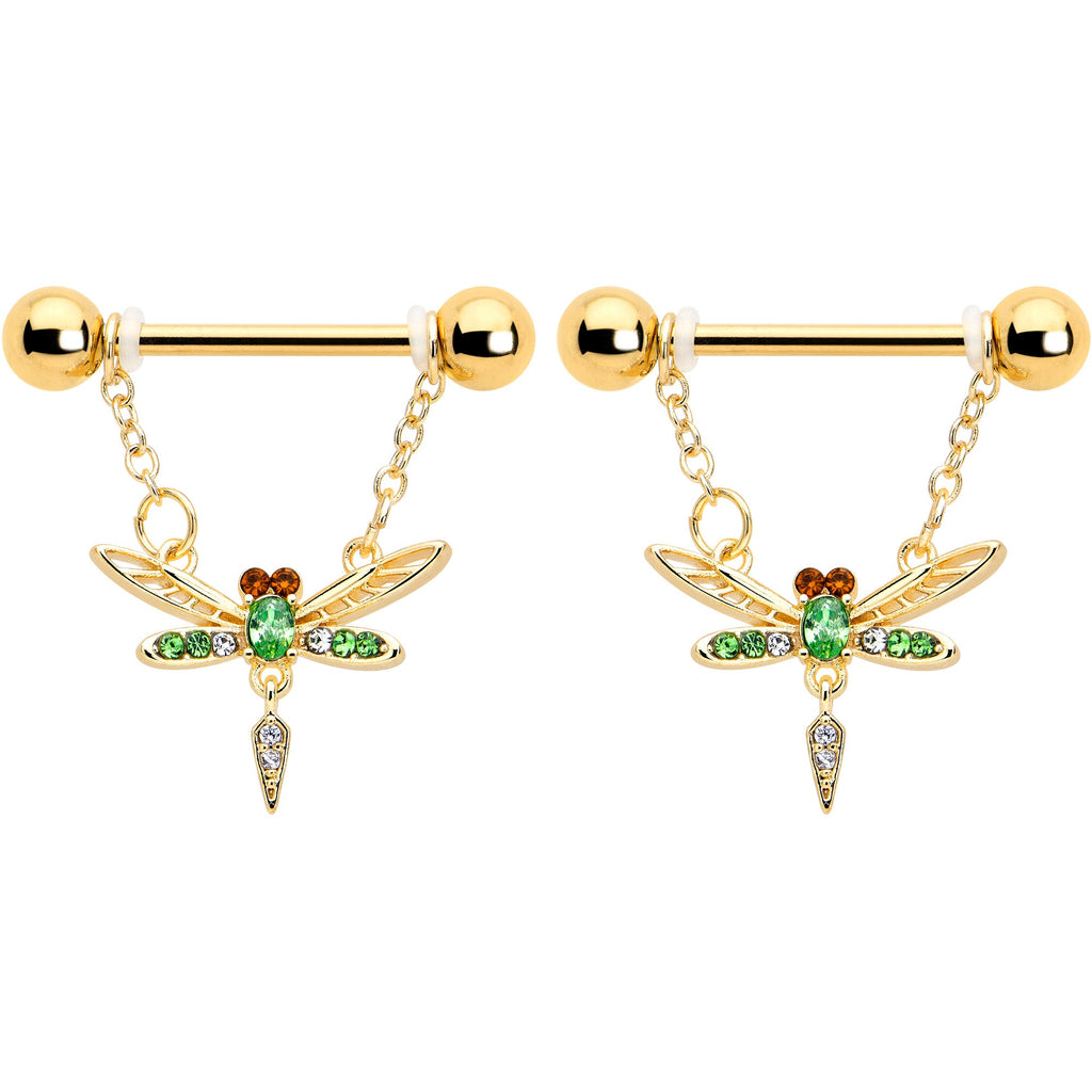 14G 9/16 Green Gem Gold Tone Swank Dragonfly Dangle Nipple Ring Set