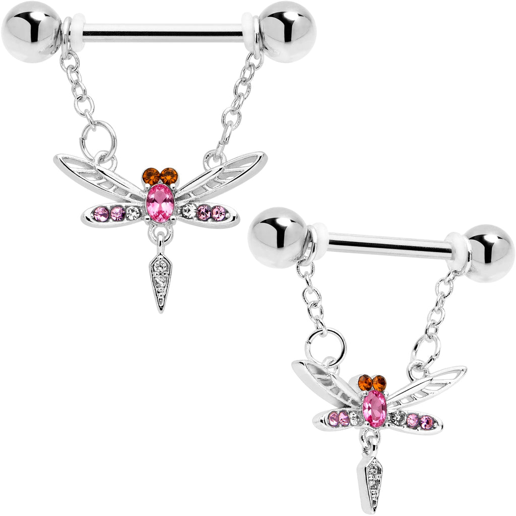 14G 9/16 Pink Gem Swank Dragonfly Dangle Nipple Ring Set