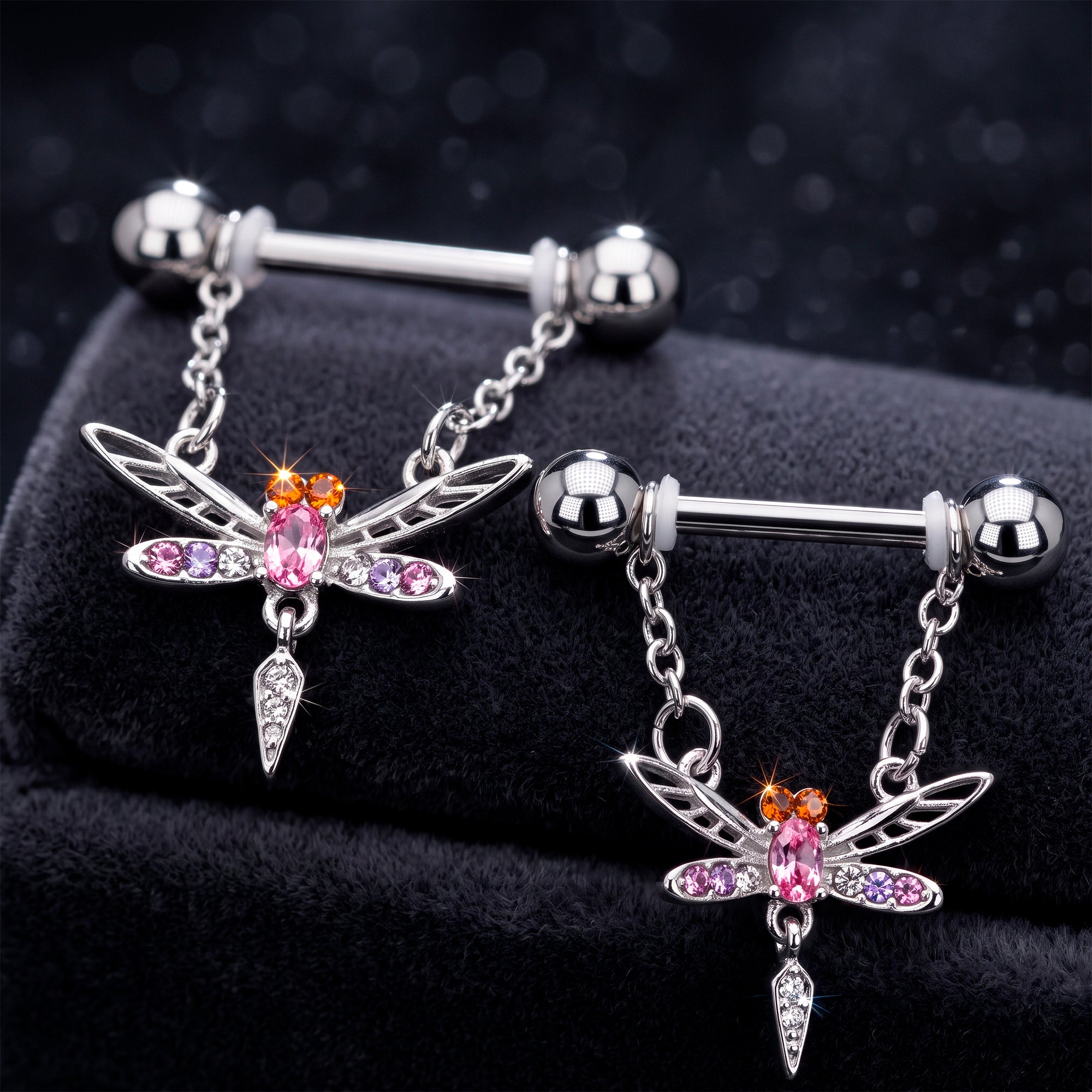 14G 9/16 Pink Gem Swank Dragonfly Dangle Nipple Ring Set