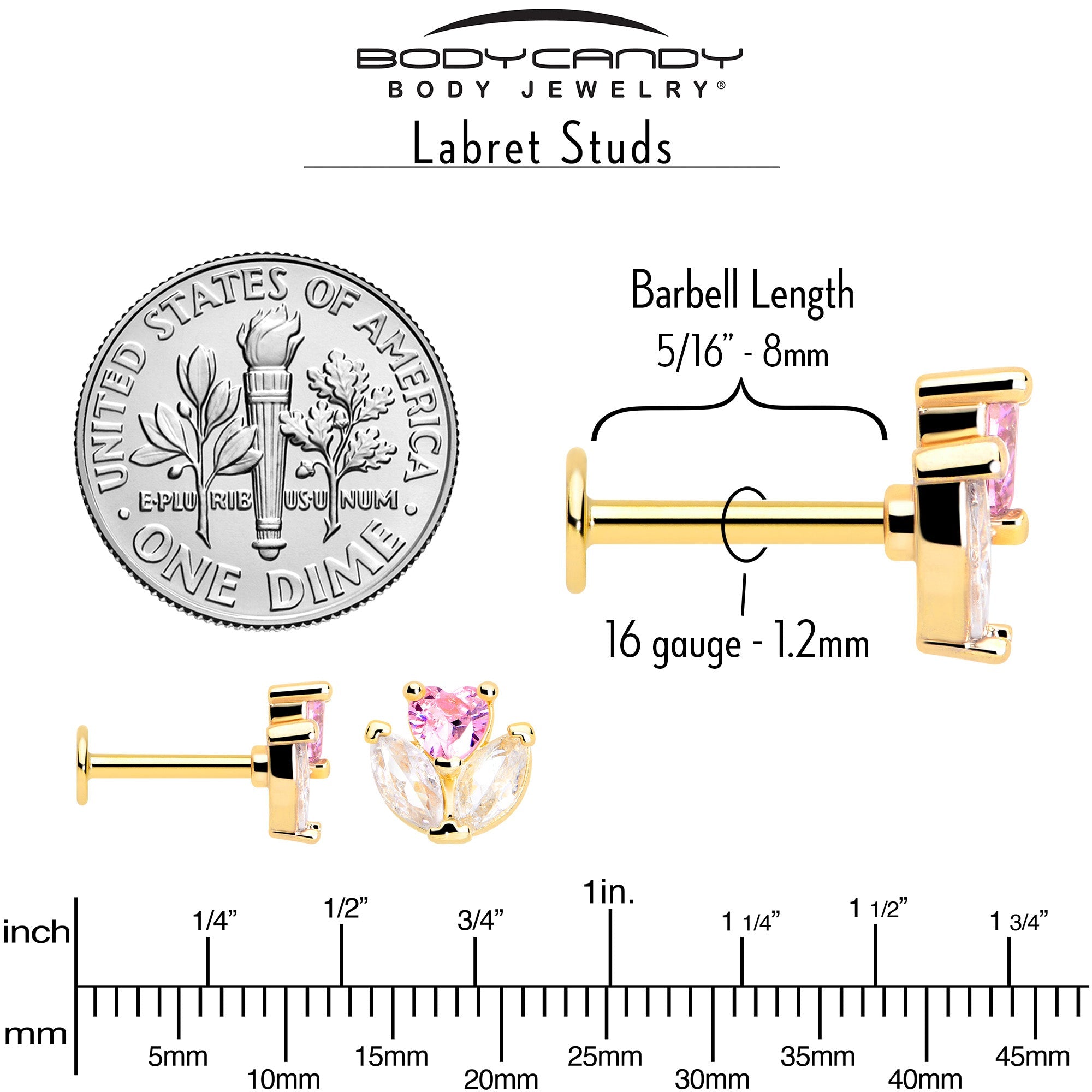 16G 5/16 Pink CZ Gem Gold Tone Love Flower Labret Monroe Tragus