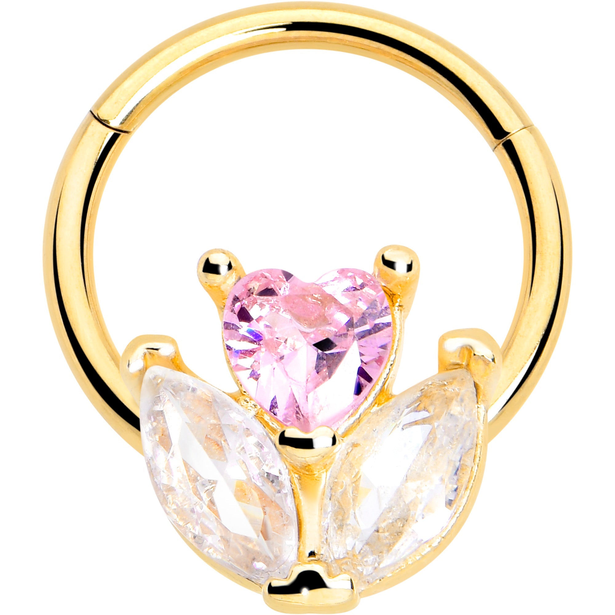 16G 3/8 Pink CZ Gem Gold Tone Love Flower Hinged Segment Ring