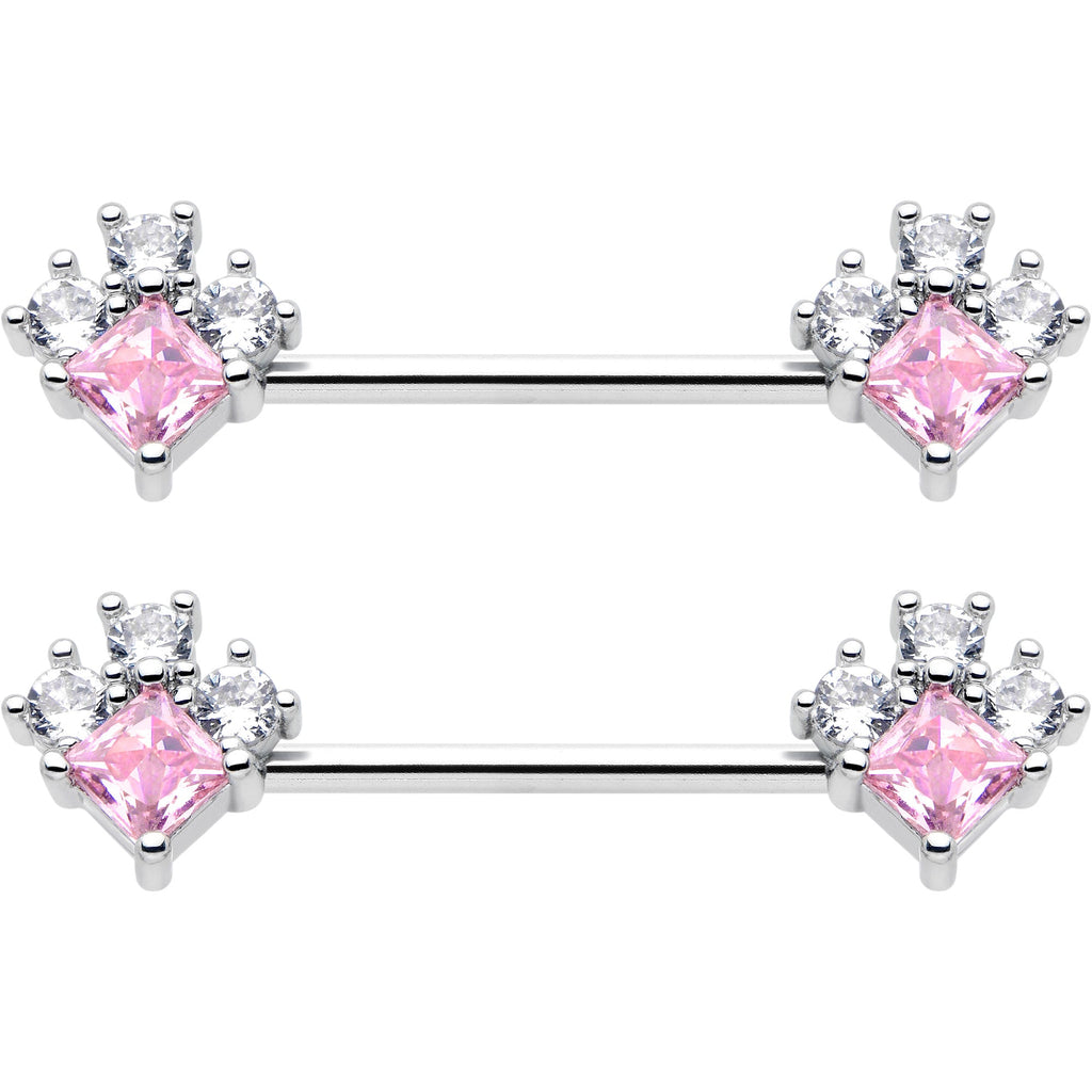 14G 9/16 Pink Clear CZ Gem Rhombus Riot Barbell Nipple Ring Set