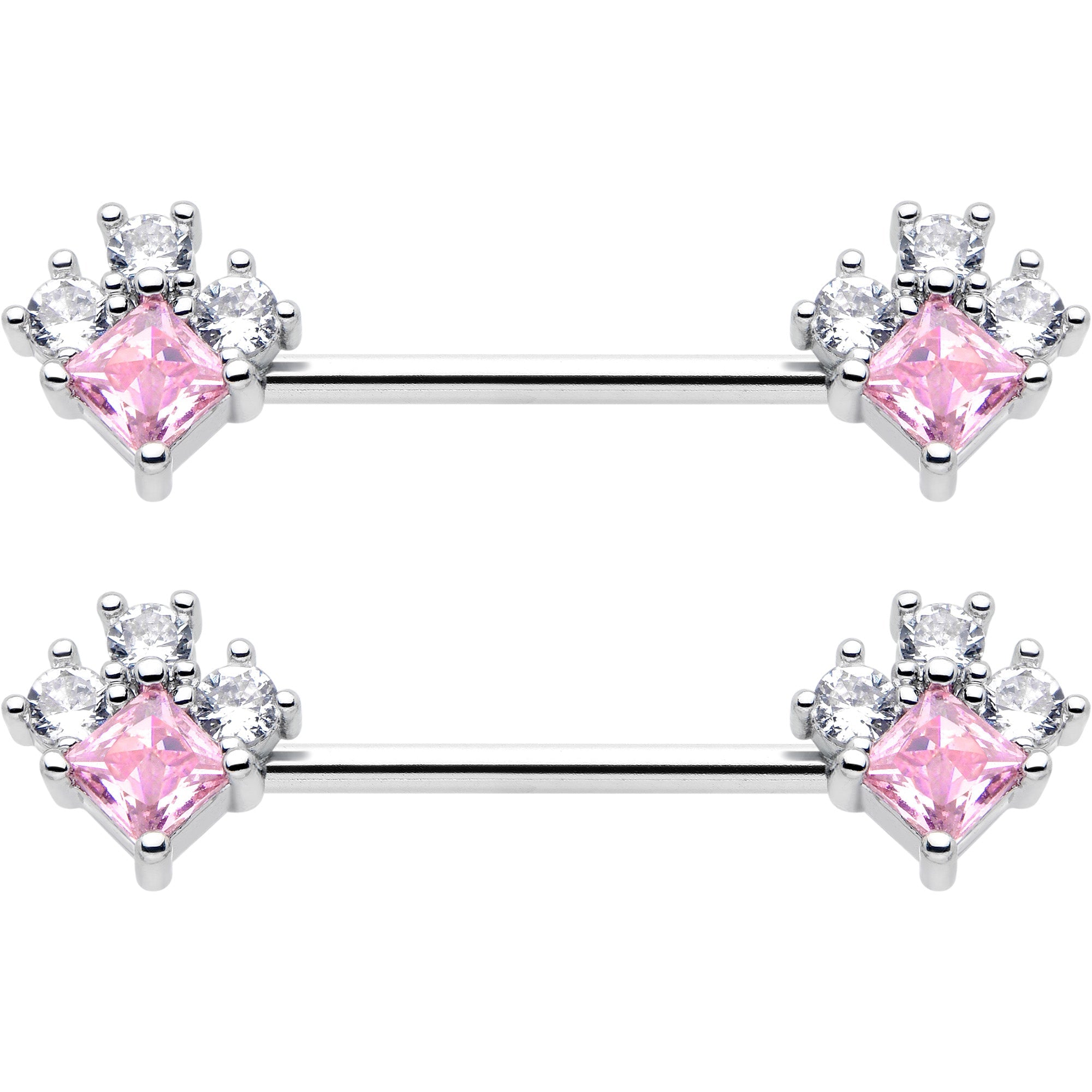 14G 9/16 Pink Clear CZ Gem Rhombus Riot Barbell Nipple Ring Set