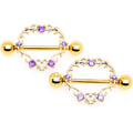 14G 9/16 Purple CZ Gem Gold Tone Heart Filigree Nipple Shield Set