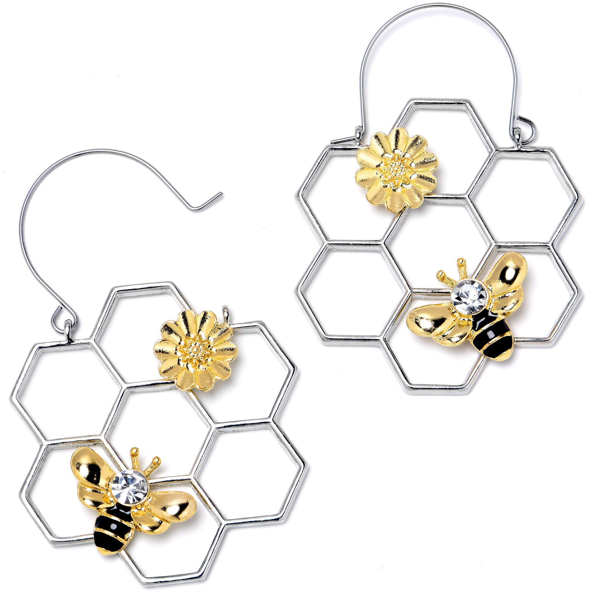 Clear Gem Bee Honeycomb Flower Tunnel Plug Earrings