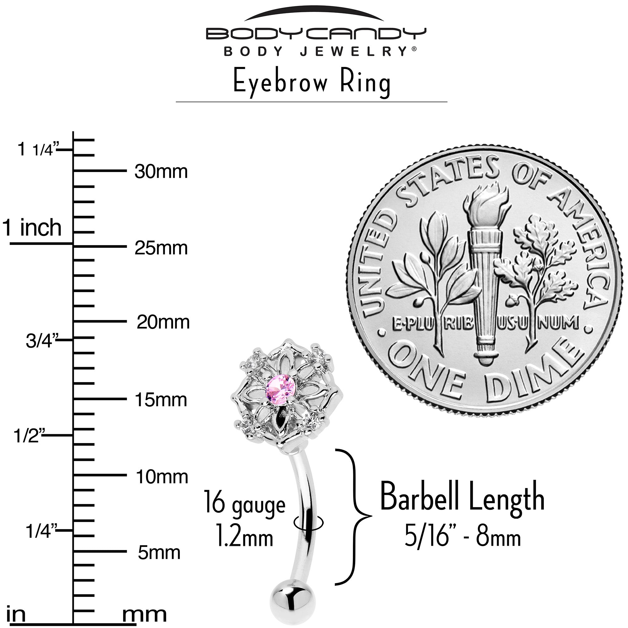 16G 5/16 Pink CZ Gem Flower Circle Curved Eyebrow Ring