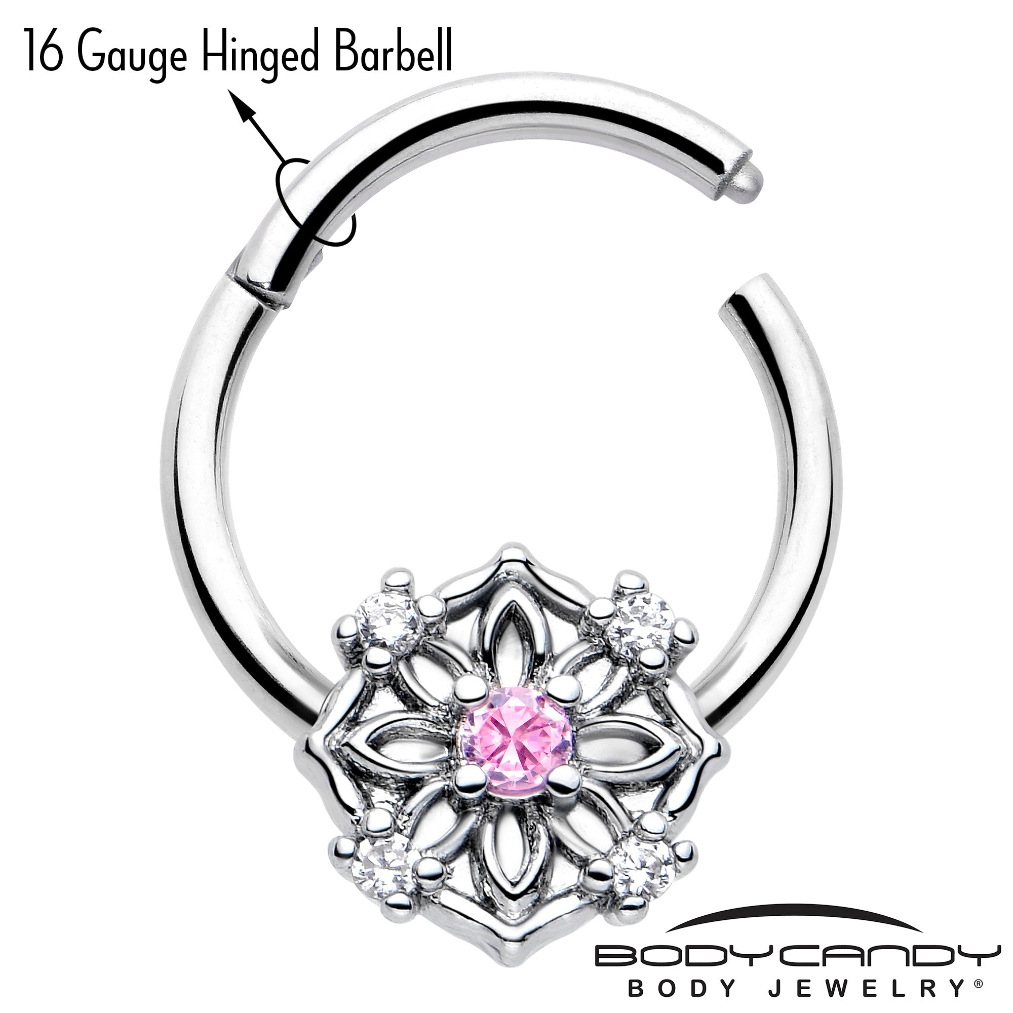 16G 3/8 Pink CZ Gem Flower Circle Hinged Segment Ring
