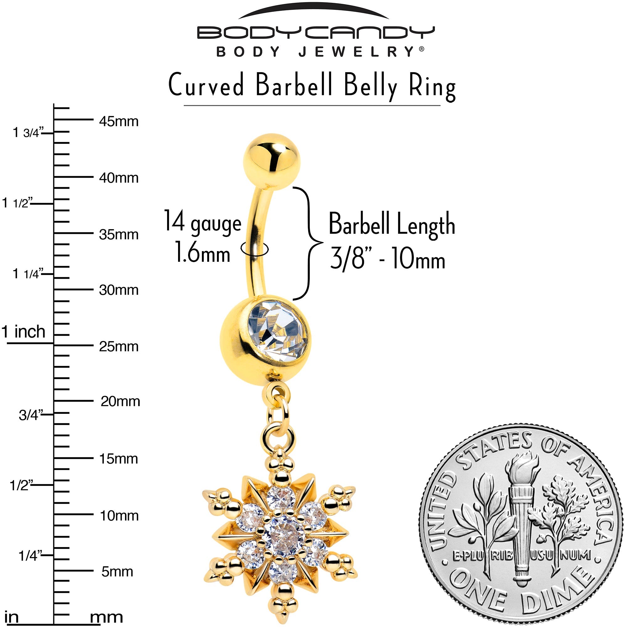 Clear CZ Gem Gold Tone Glam Snowflake Dangle Belly Ring