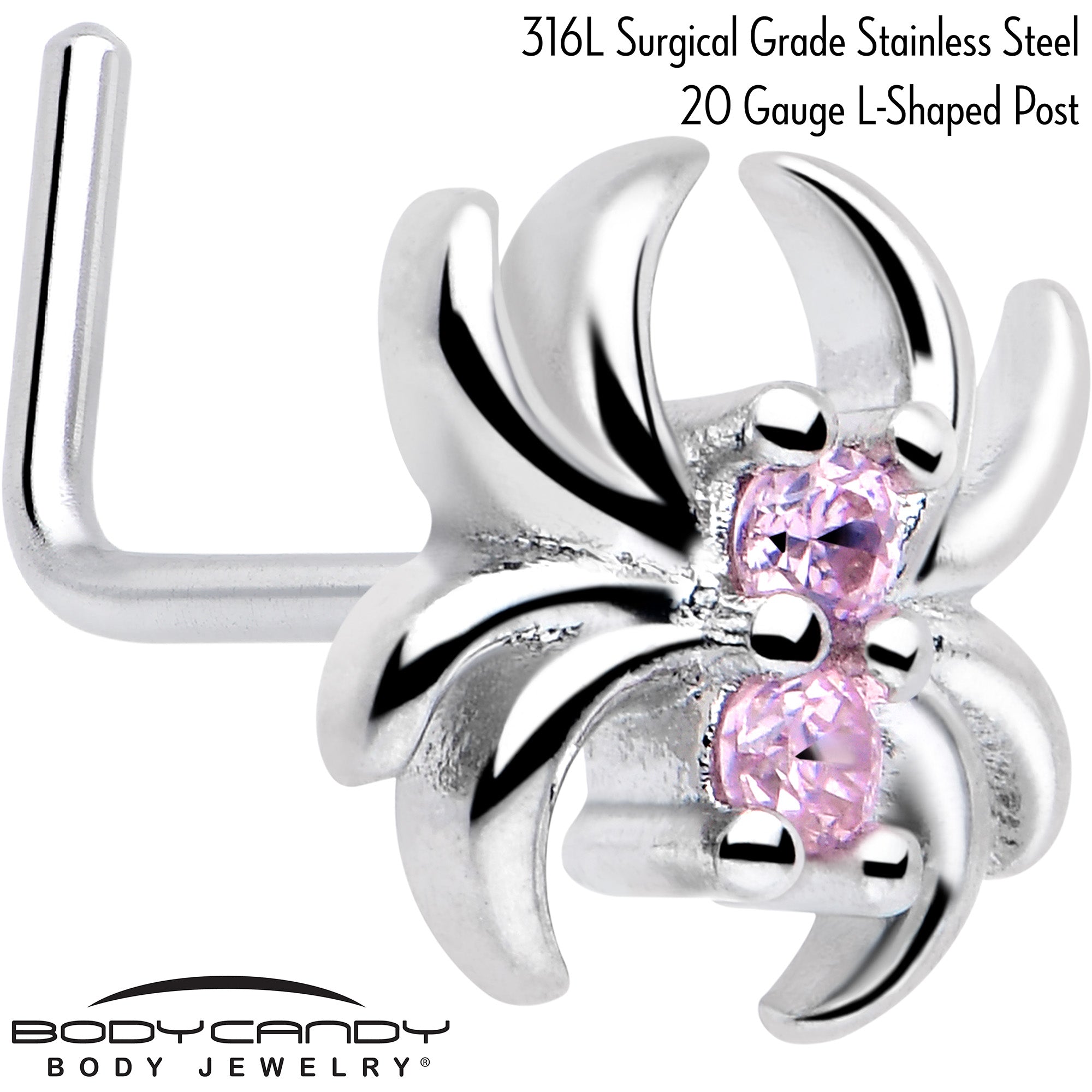 20G 7mm Pink CZ Gem Sleek Spider L Shape Nose Ring