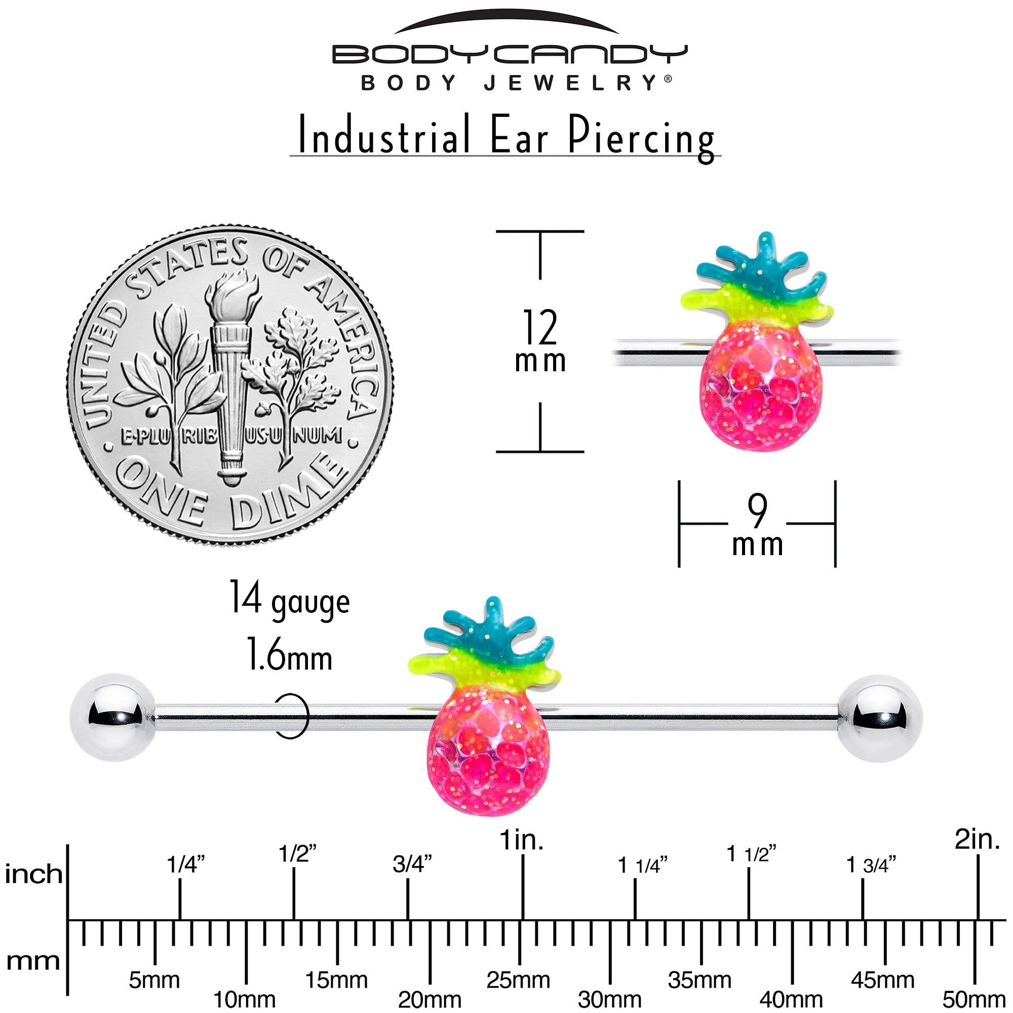 14G Hot Tropical Pineapple Industrial Barbell 38mm