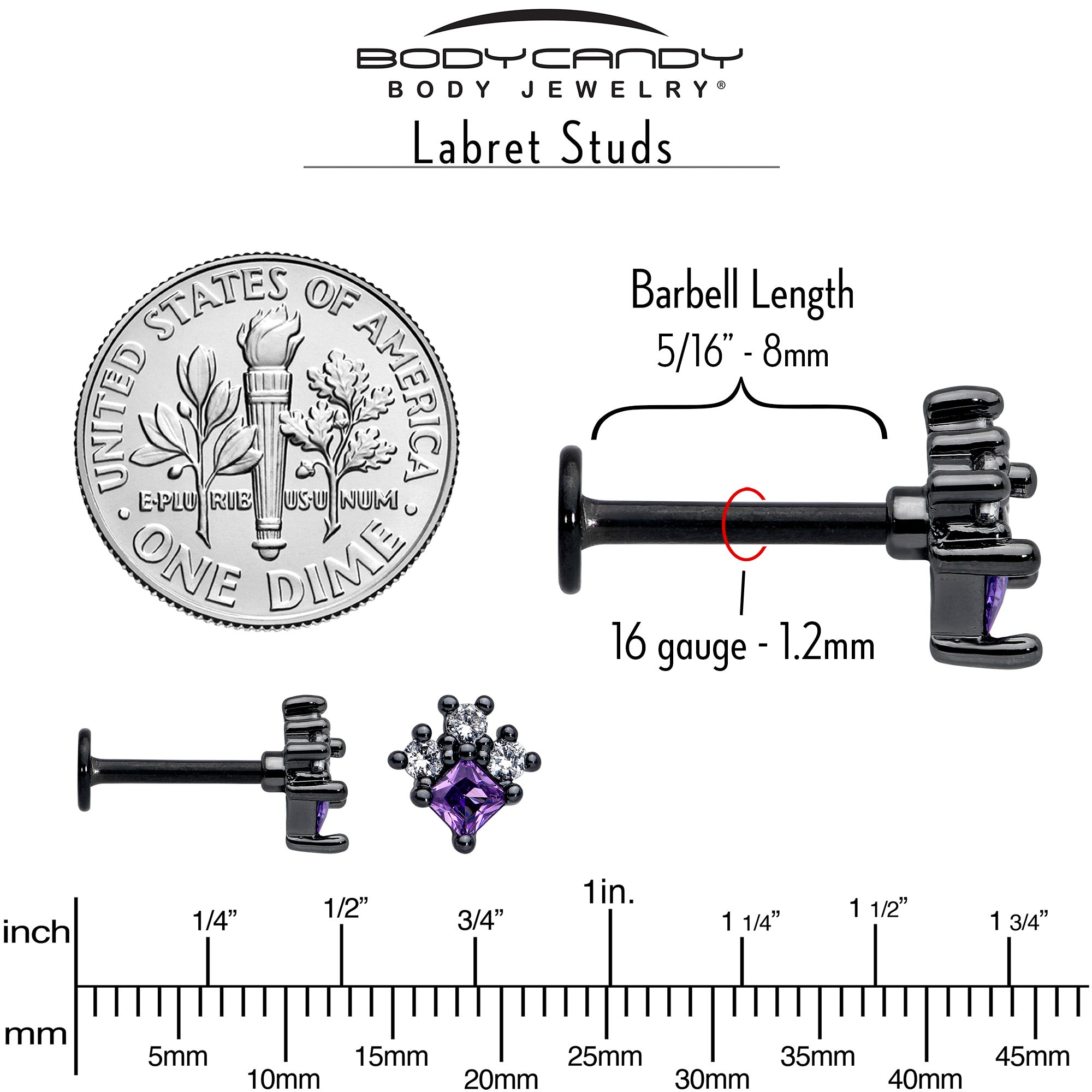 16G 5/16 Purple CZ Gem Black Rhombus Riot Labret Monroe Tragus