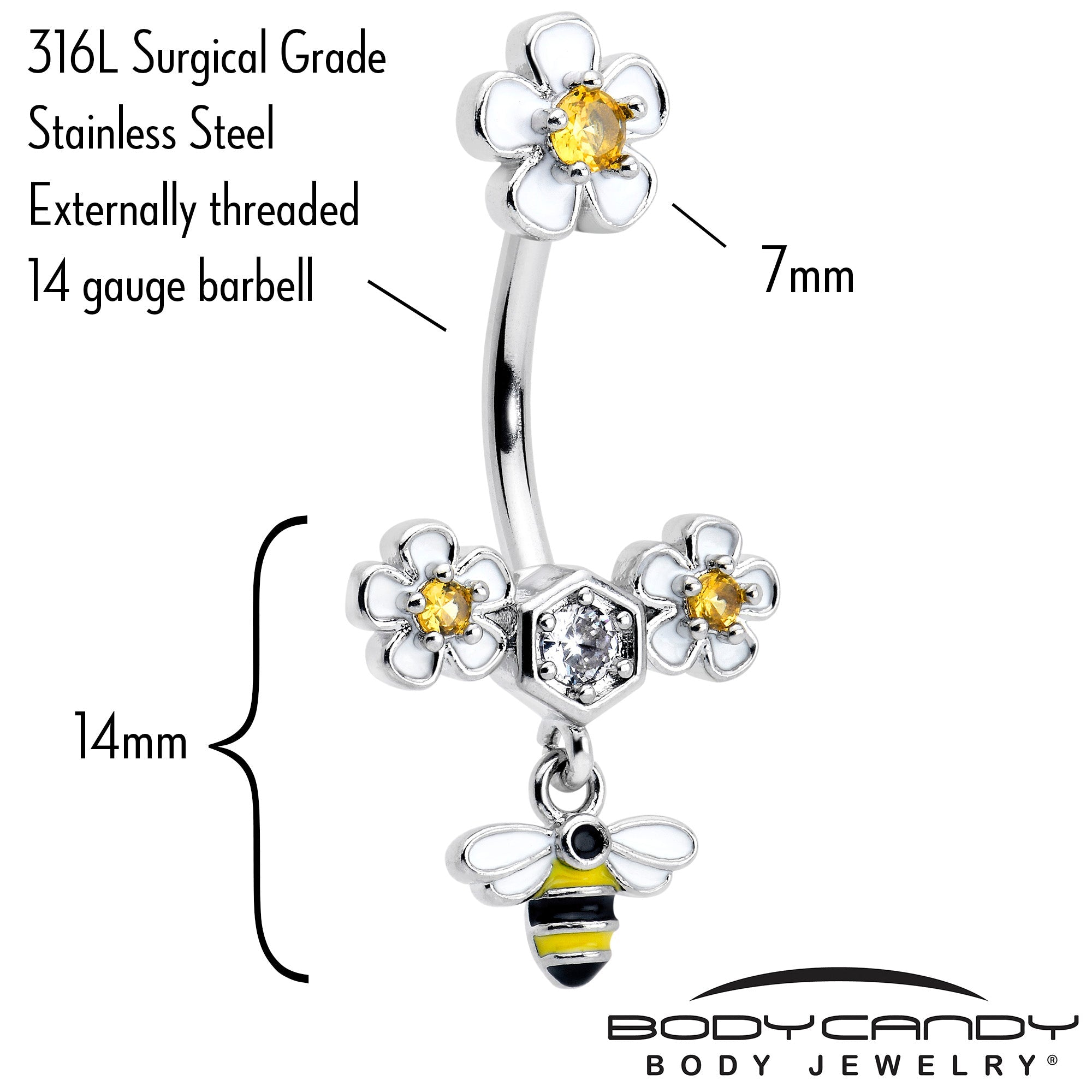 Yellow Clear CZ Gem Flower Bee Dangle Double Mount Belly Ring