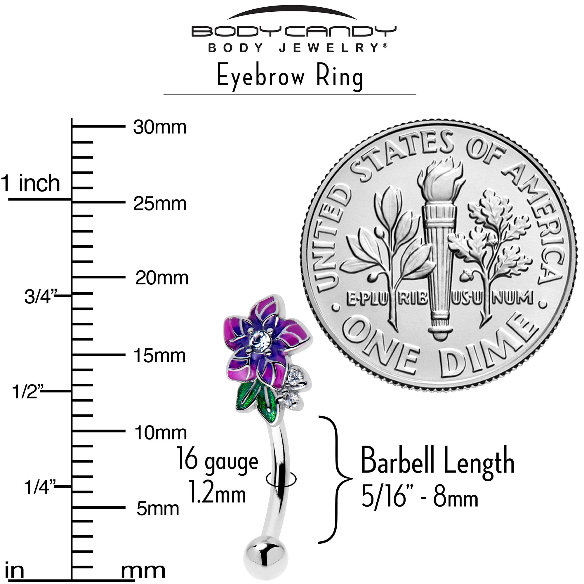 16G 5/16 Clear CZ Gem Flower Purple Curved Eyebrow Ring