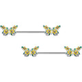 14G 9/16 Yellow CZ Gem Blooming Butterfly Barbell Nipple Ring Set
