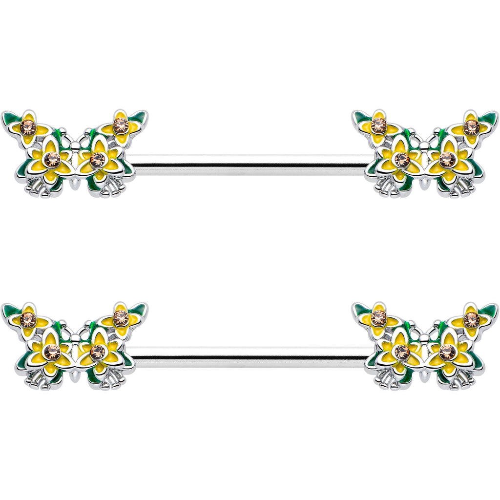 14G 9/16 Yellow CZ Gem Blooming Butterfly Barbell Nipple Ring Set