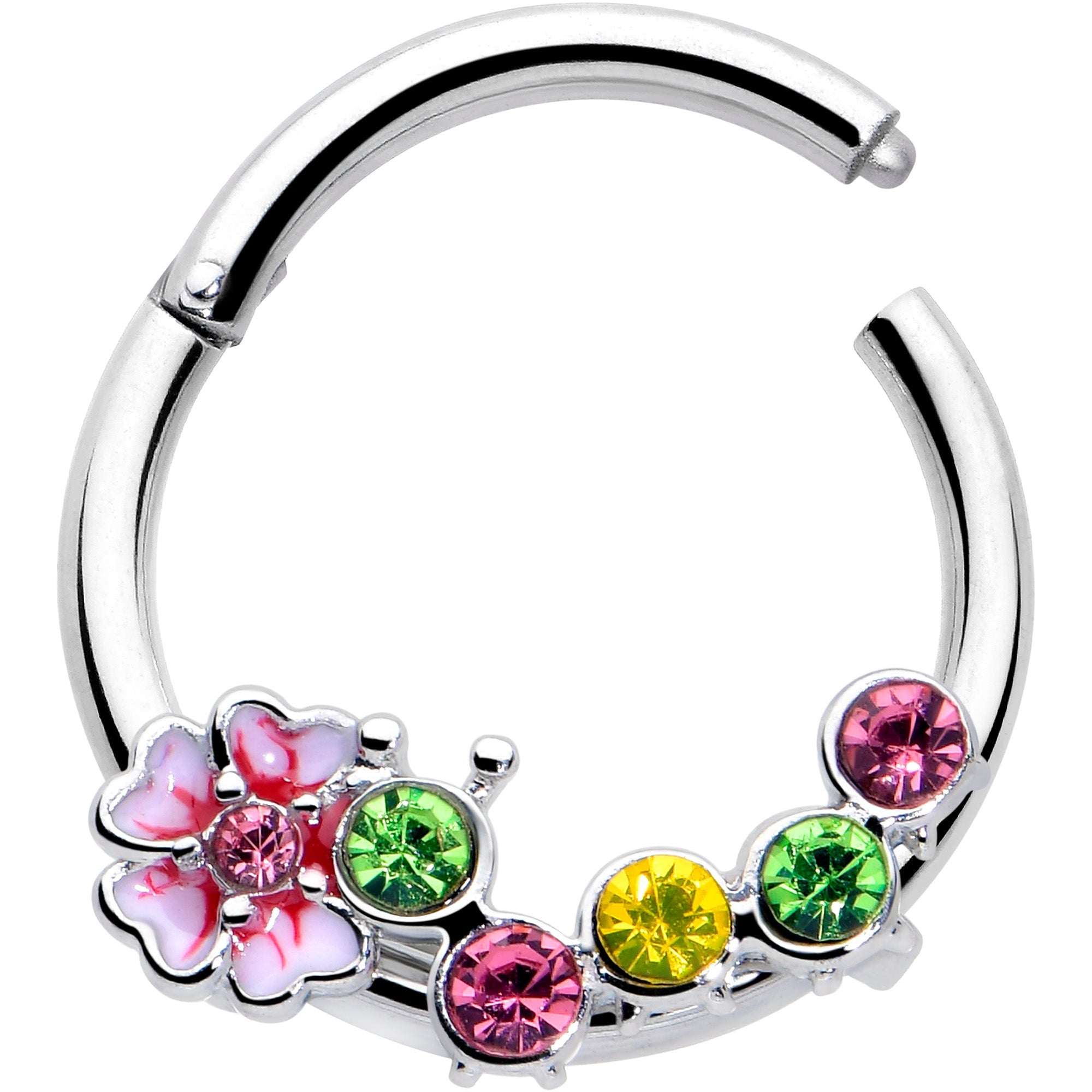 16G 3/8 Green Pink CZ Gem Caterpillar Flower Hinged Segment Ring