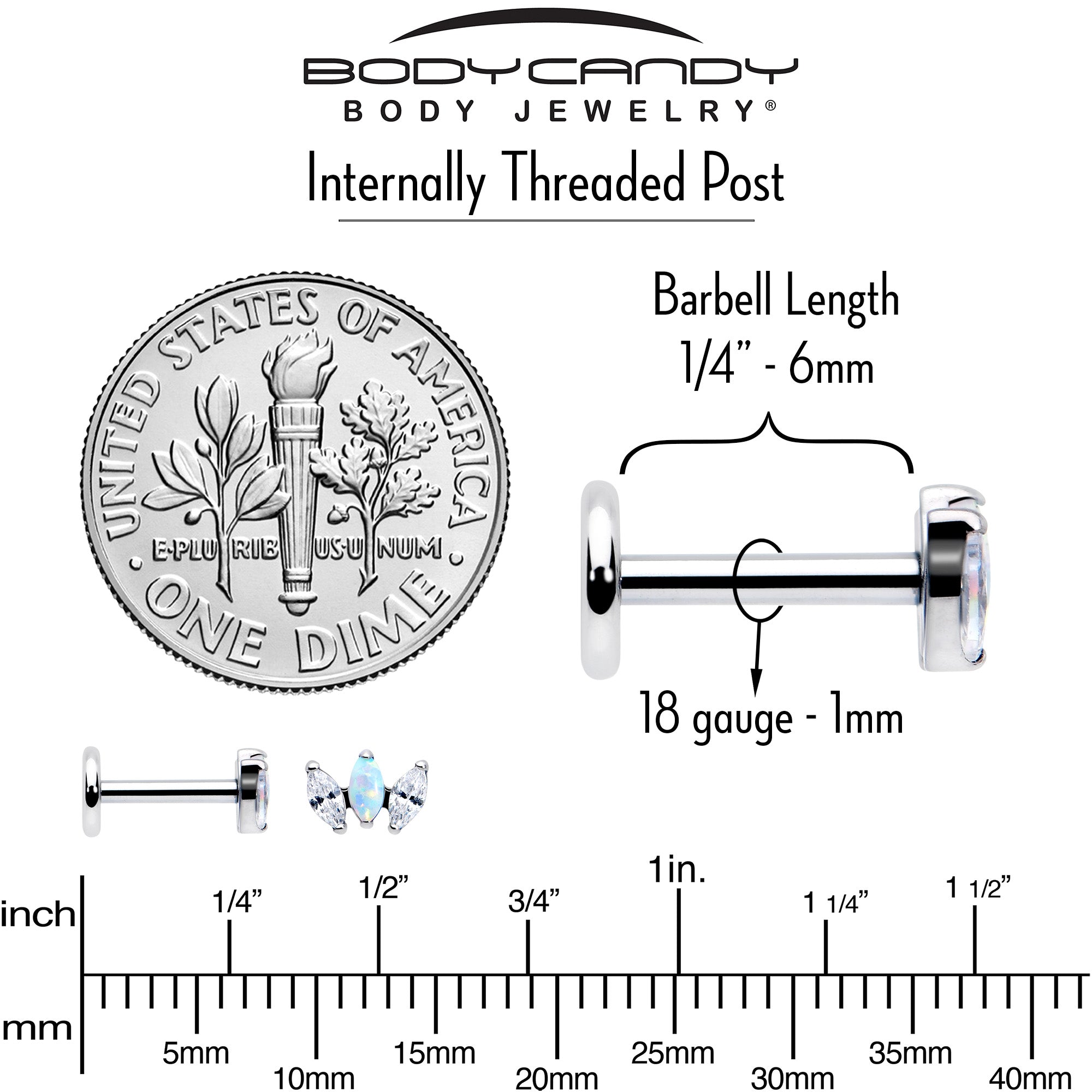 Titanium Internally Threaded Flat Back Stud - 18G Fancy CZ Opal