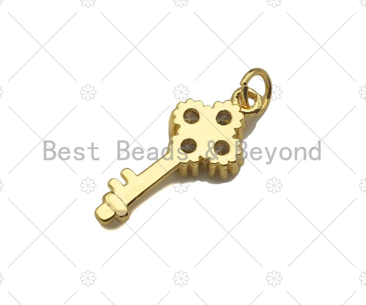 CZ Micro Pave Clover Key Shape Pendant,18K Dainty Gold Charm, Necklace Bracelet Charm Pendant,5x16mm,Sku#JL36