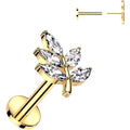 Gold Tone Surgical Steel Flat Back Earring - 18G With Cubic Zirconia Leaves