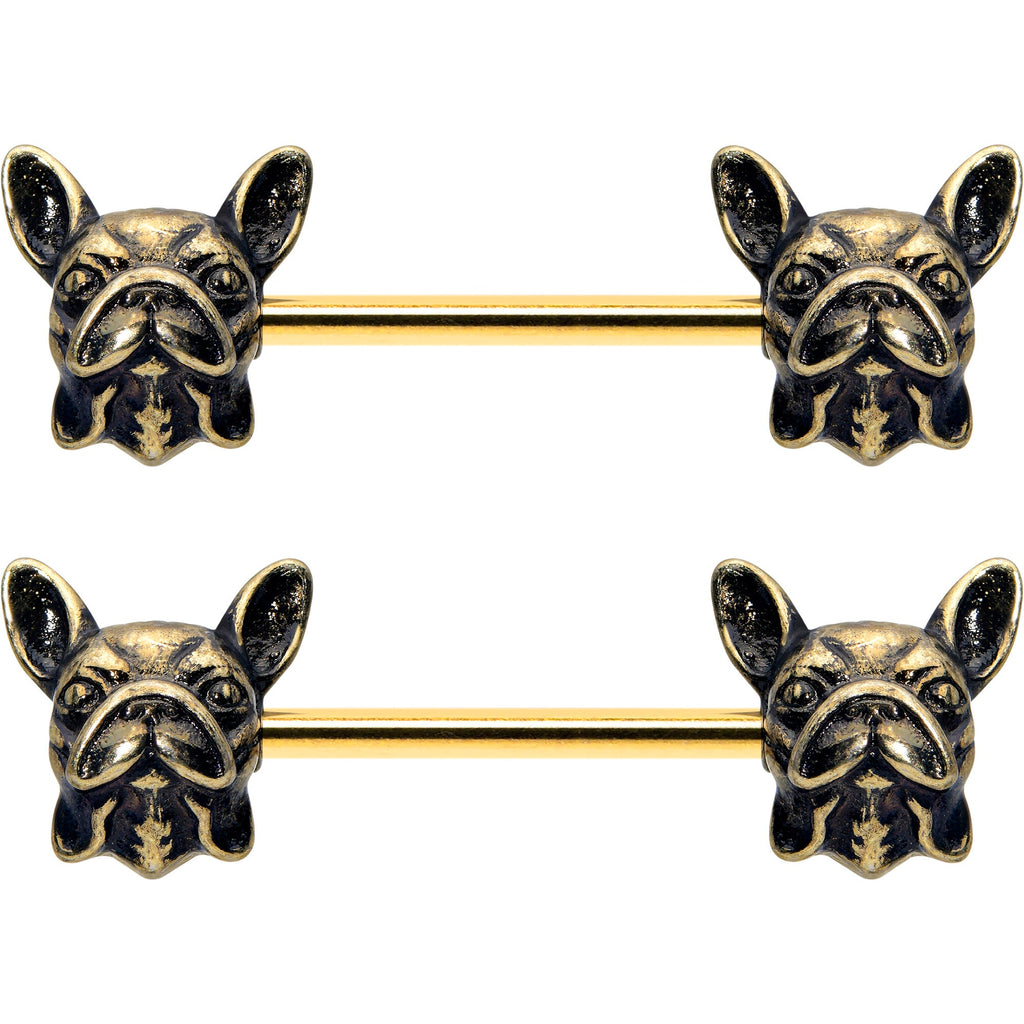 14G 5/8 Gold Tone Anodized French Bulldog Barbell Nipple Ring Set