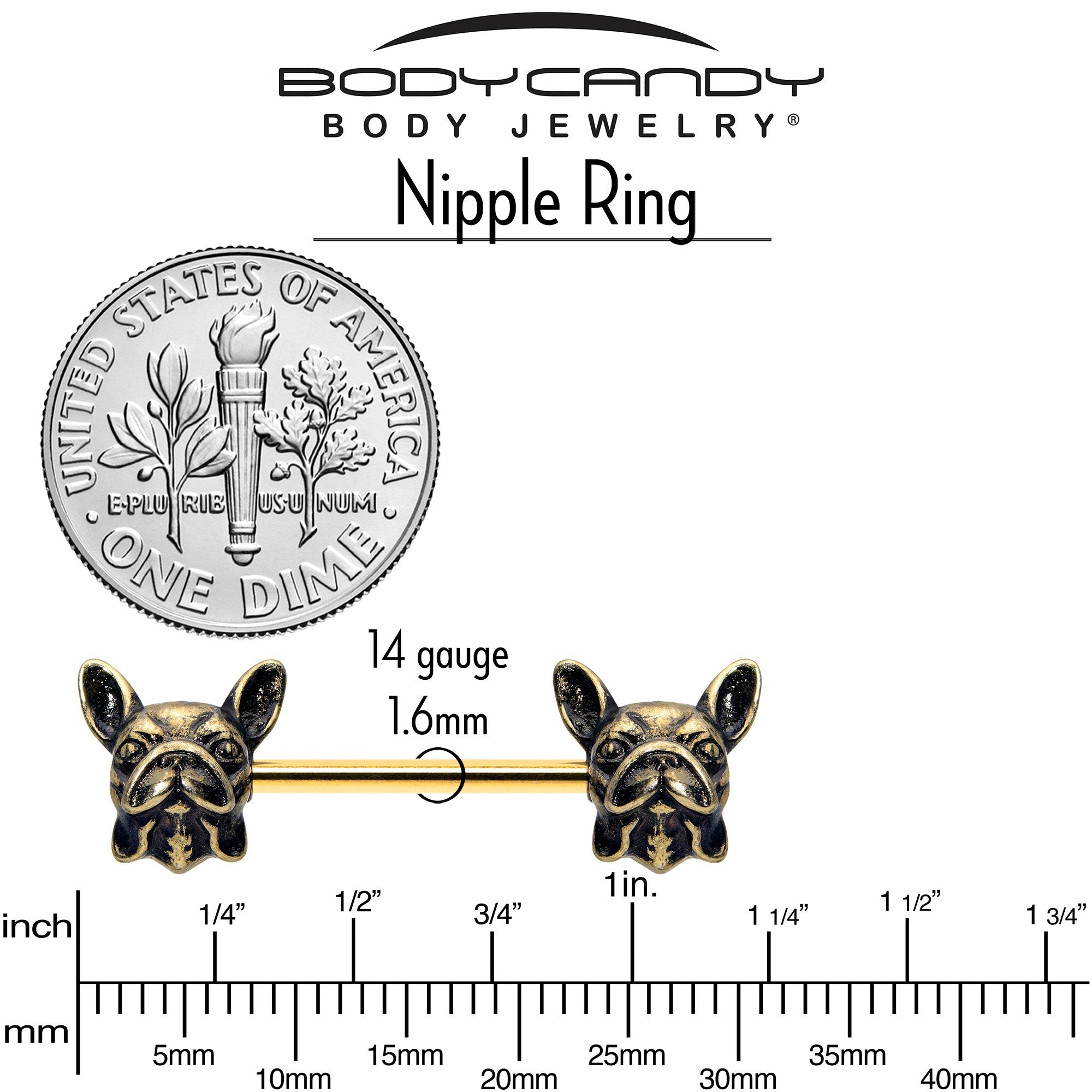14G 5/8 Gold Tone Anodized French Bulldog Barbell Nipple Ring Set