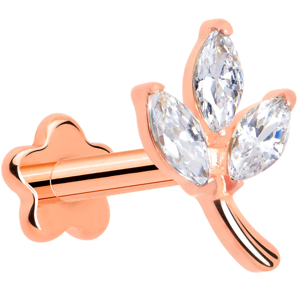 16G 1/4 CZ Gem Leaves Rose Gold PVD Medical Grade Titanium Reversible Flat Back Earring