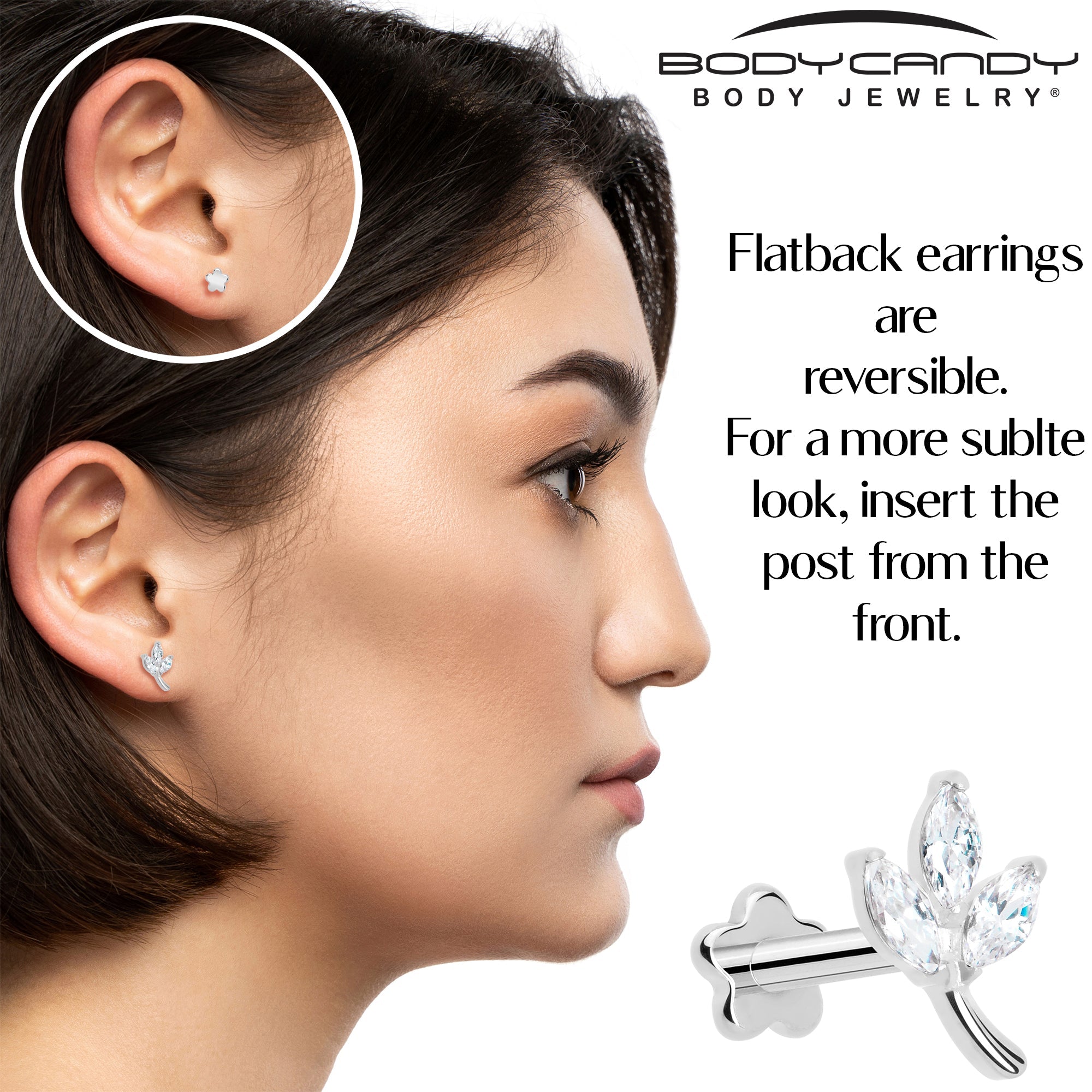 16G 1/4 CZ Gem Leaves Medical Grade Titanium Reversible Flat Back Earring