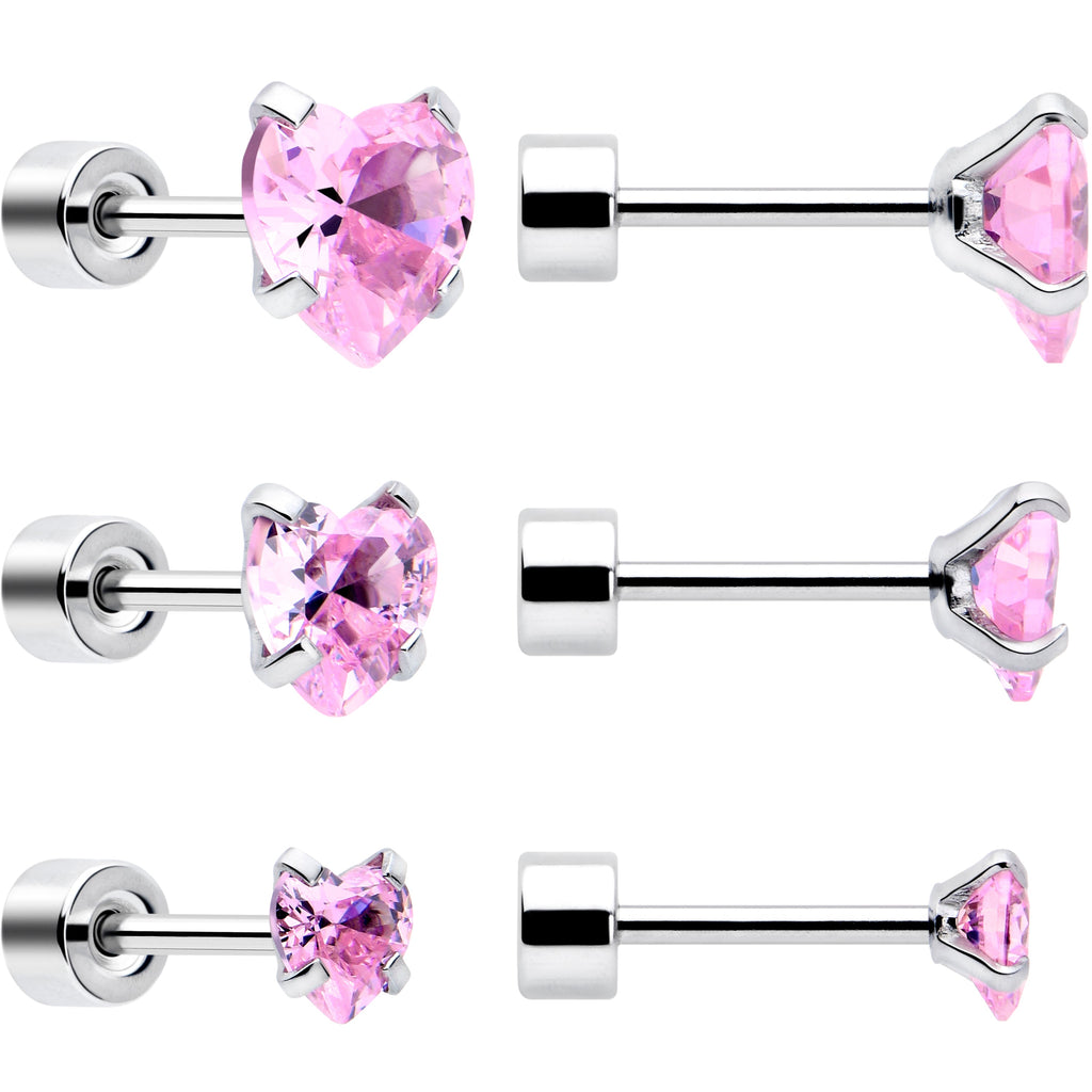 Pink Heart CZ Flat Back Stud Earrings - 3 Pairs
