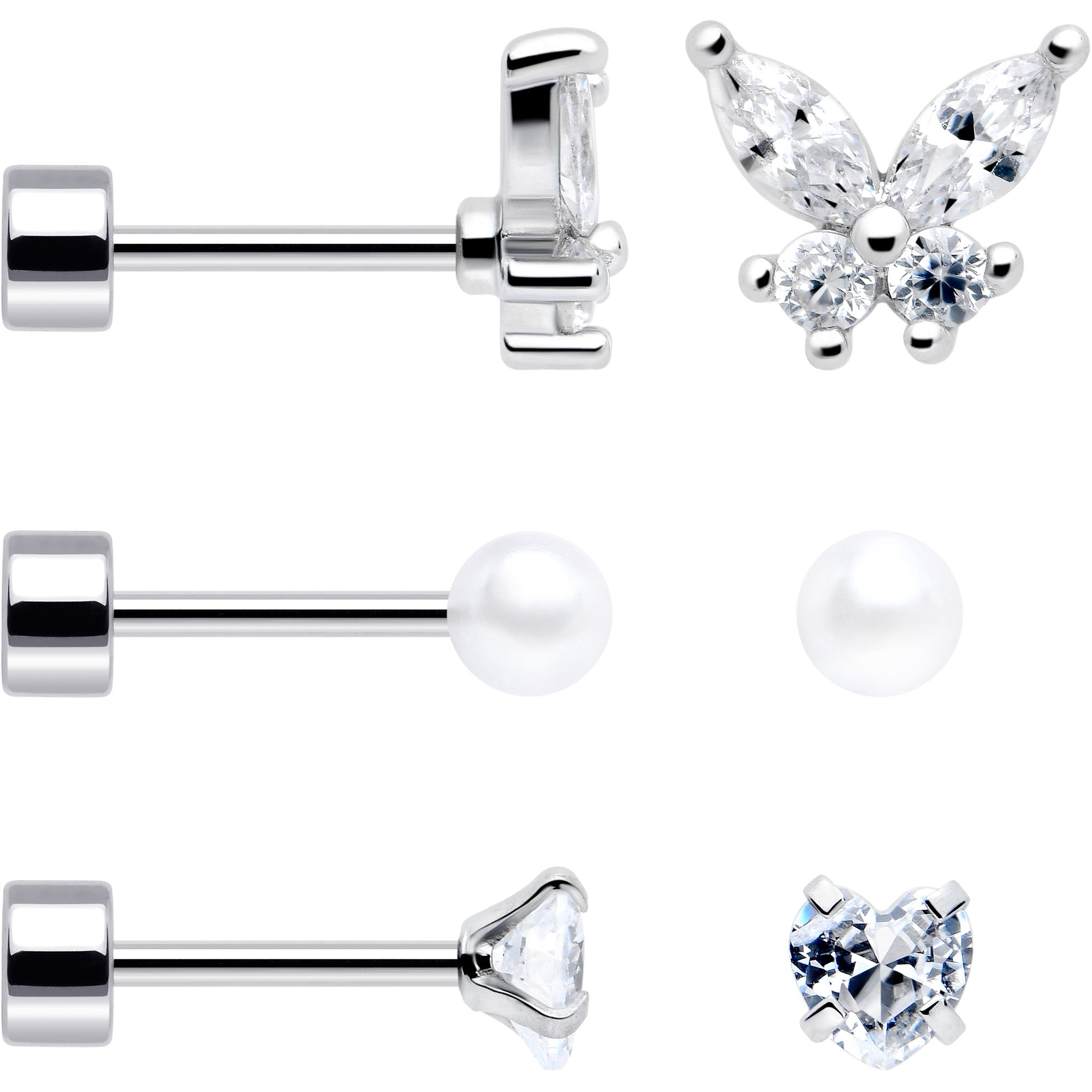 20G Clear Gem White Orb Butterfly Flatback Earring Set of 6