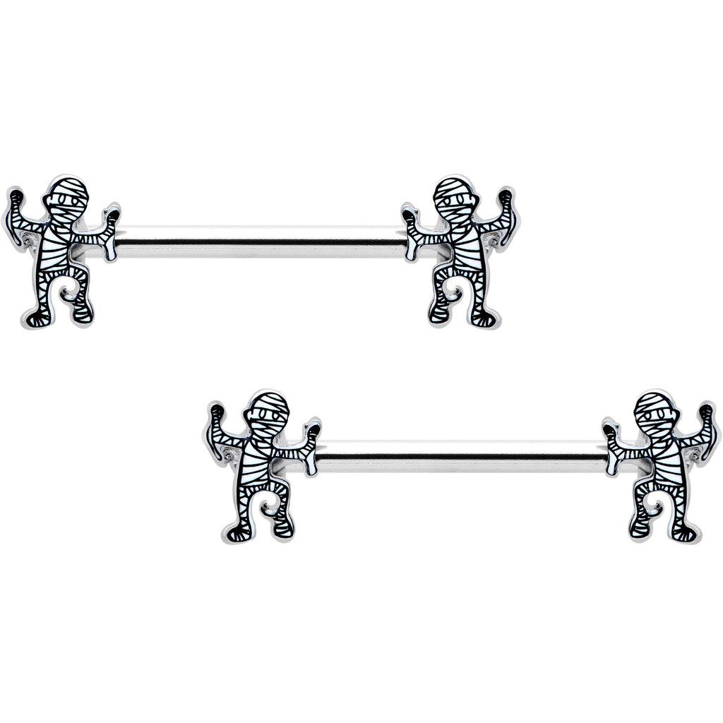 14G 9/16 Two Tone Halloween Mummy Barbell Nipple Ring Set