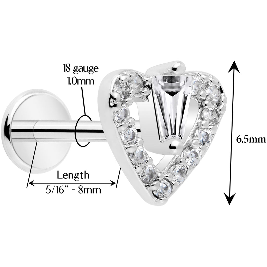 18G 5/16 CZ Gem Heart Threadless Push In Labret Monroe Tragus