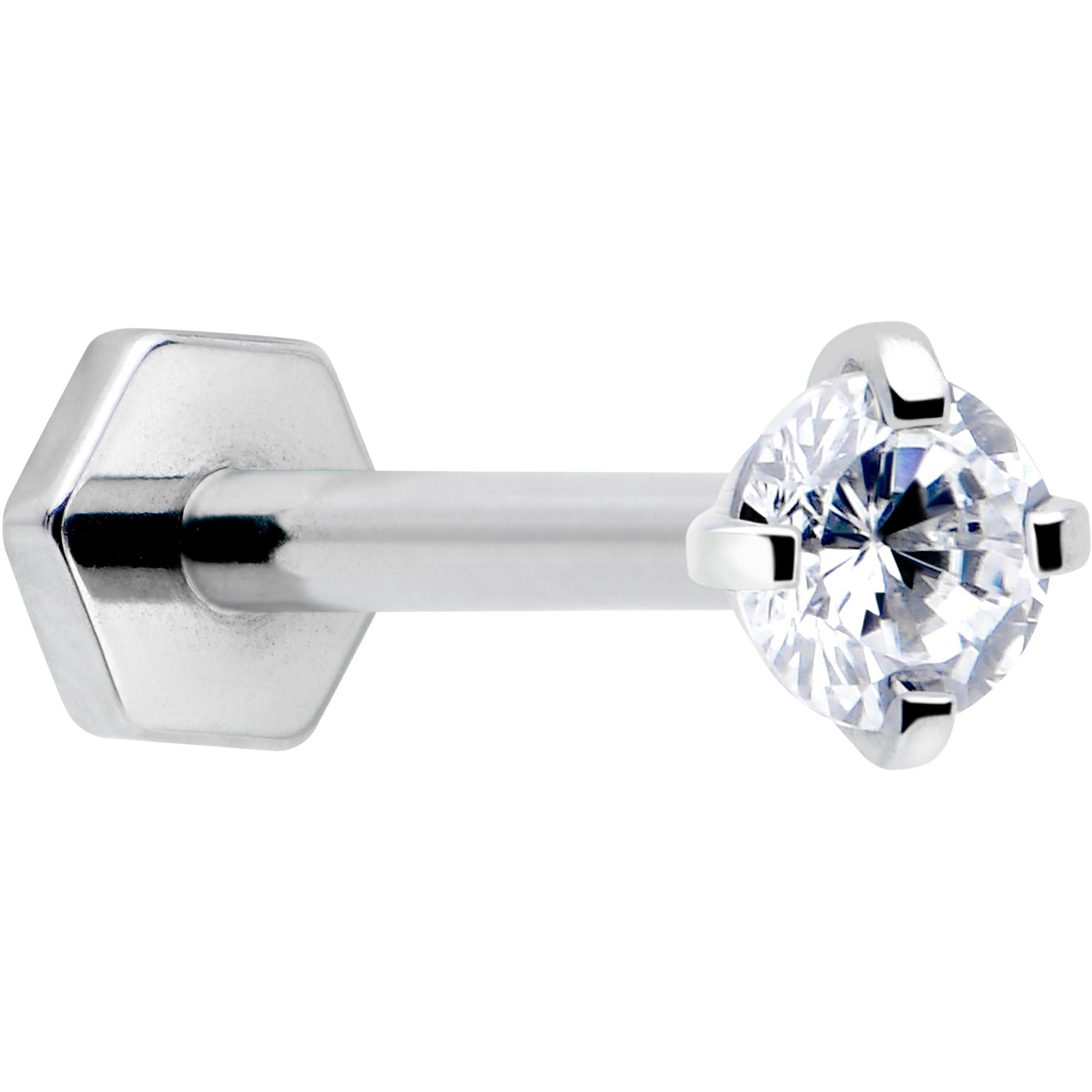 16G 5/16 Clear Gem Implant Grade Titanium Threadless Reversible Hex Flatback Stud