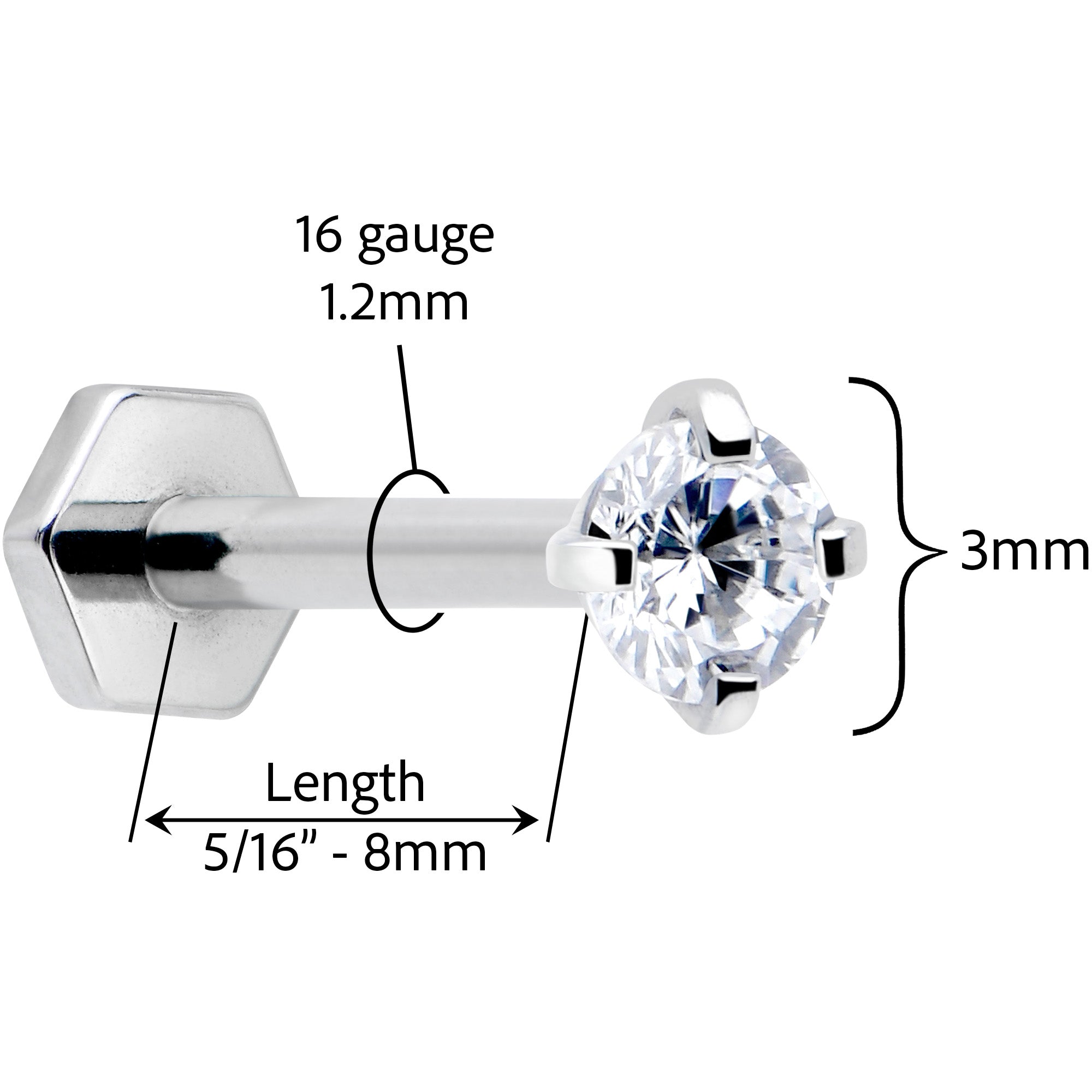 16G 5/16 Clear Gem Implant Grade Titanium Threadless Reversible Hex Flatback Stud