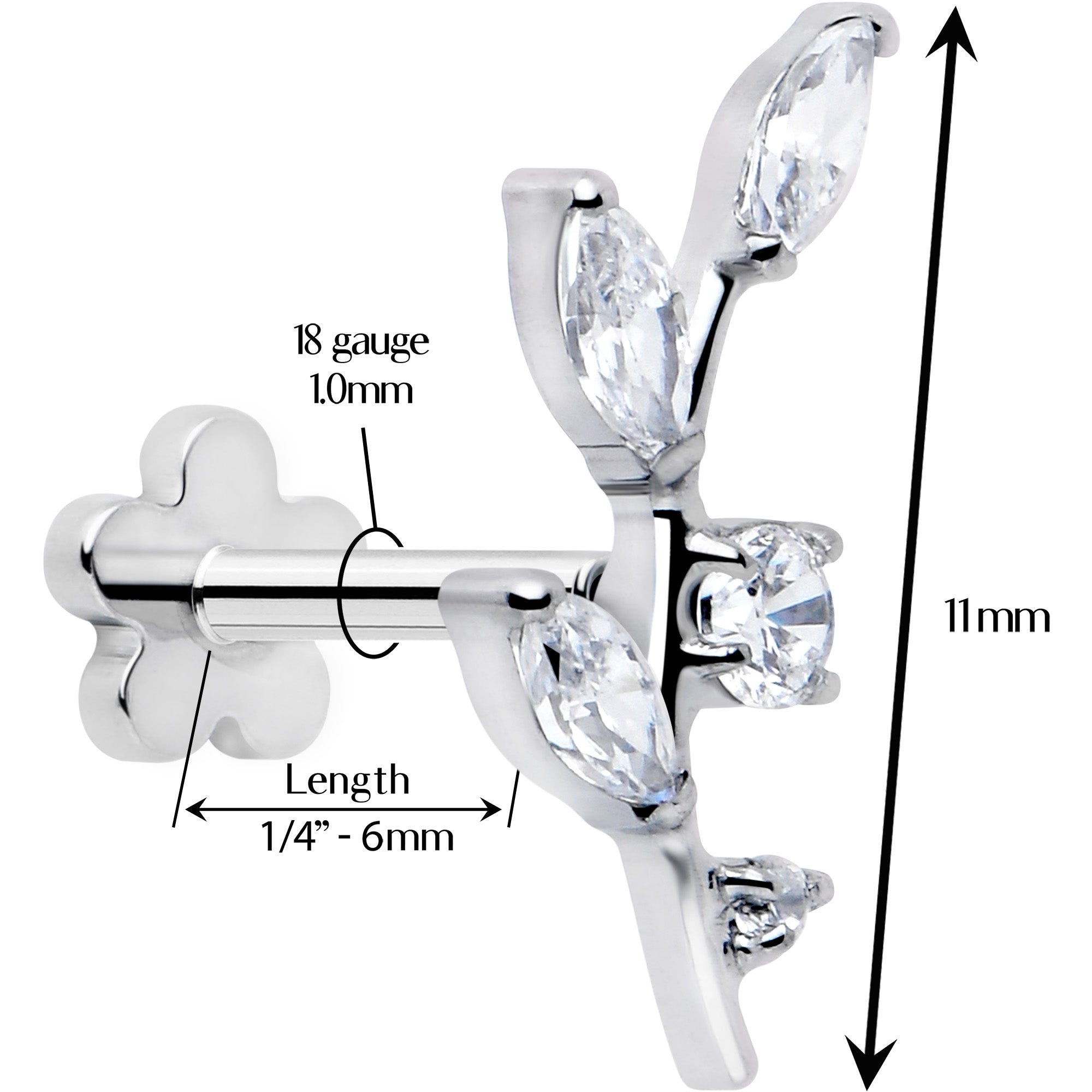 18G 1/4 Clear Gem Implant Grade Titanium Leaves Threadless Flatback Stud