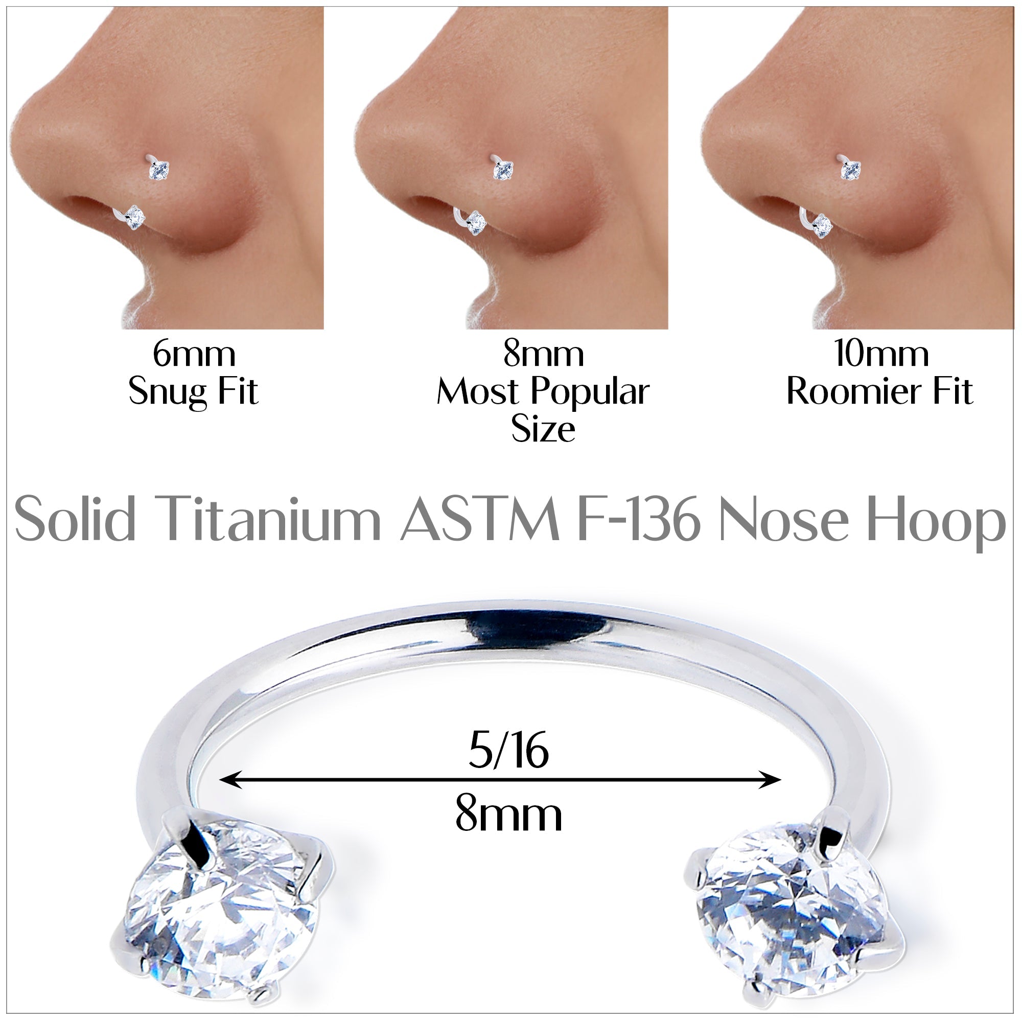 Double Gem Titanium Horseshoe Nose Ring -  Internally Threaded Solid Titanium CZ Horseshoe Nose Hoop