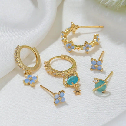 Multi Sets of Blue Flower Pierced Earrings, 4-6pcs, 18k Gold Plated Stud Drop Hoop Huggie Cuff Chain, S925 Needle