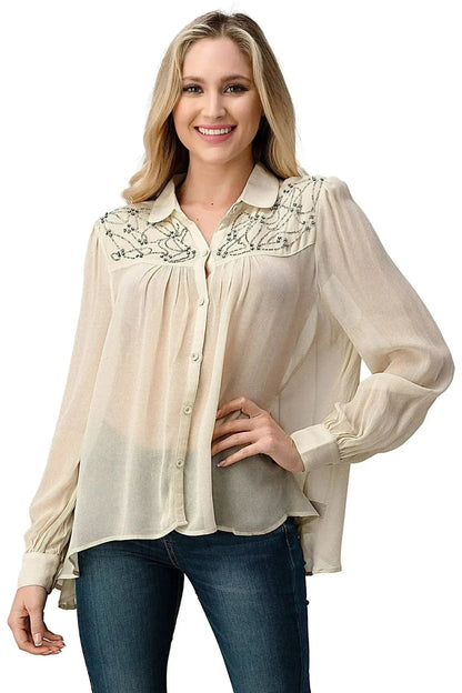 Embroidered Sheer Blouse - Beaded Jewel Trim Button-Up Top | Femstylo