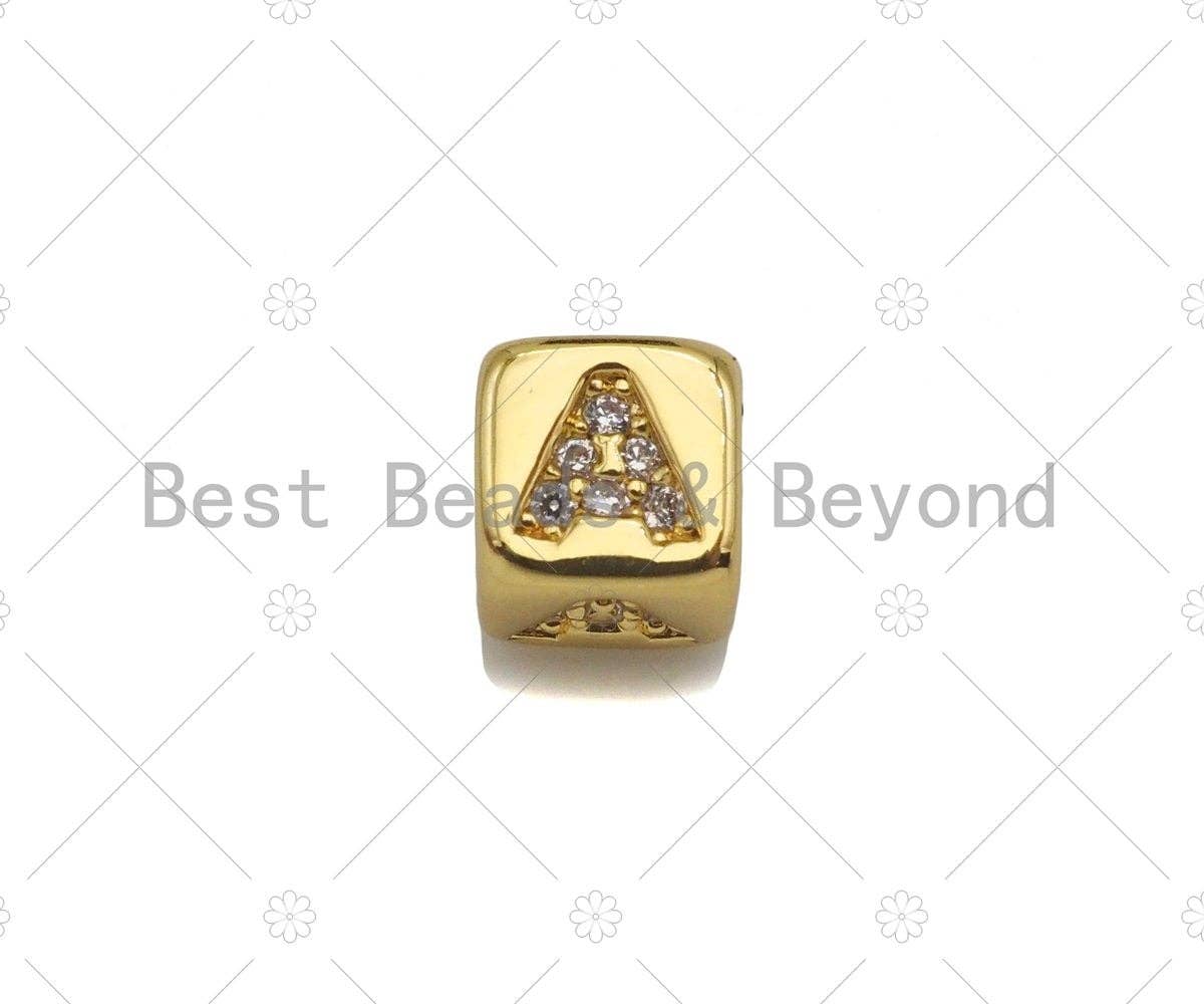 6mm Gold Alphabet CZ Micro Pave Large Hole Spacer Beads, Cubic Zirconia Cube Letter Beads, Initial Letter Beads, Cube letter, sku#JL43