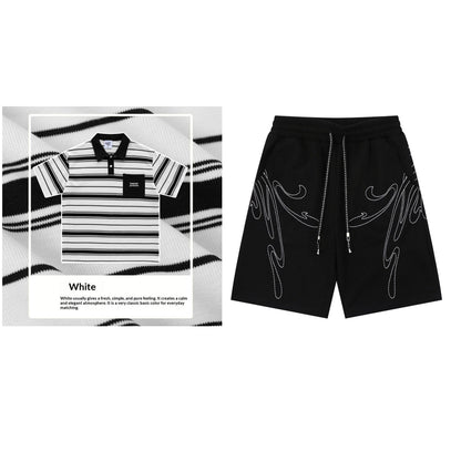 Loose-fitting Polo Shirt With A Lapel Collar Short-sleeved Striped T-shirt